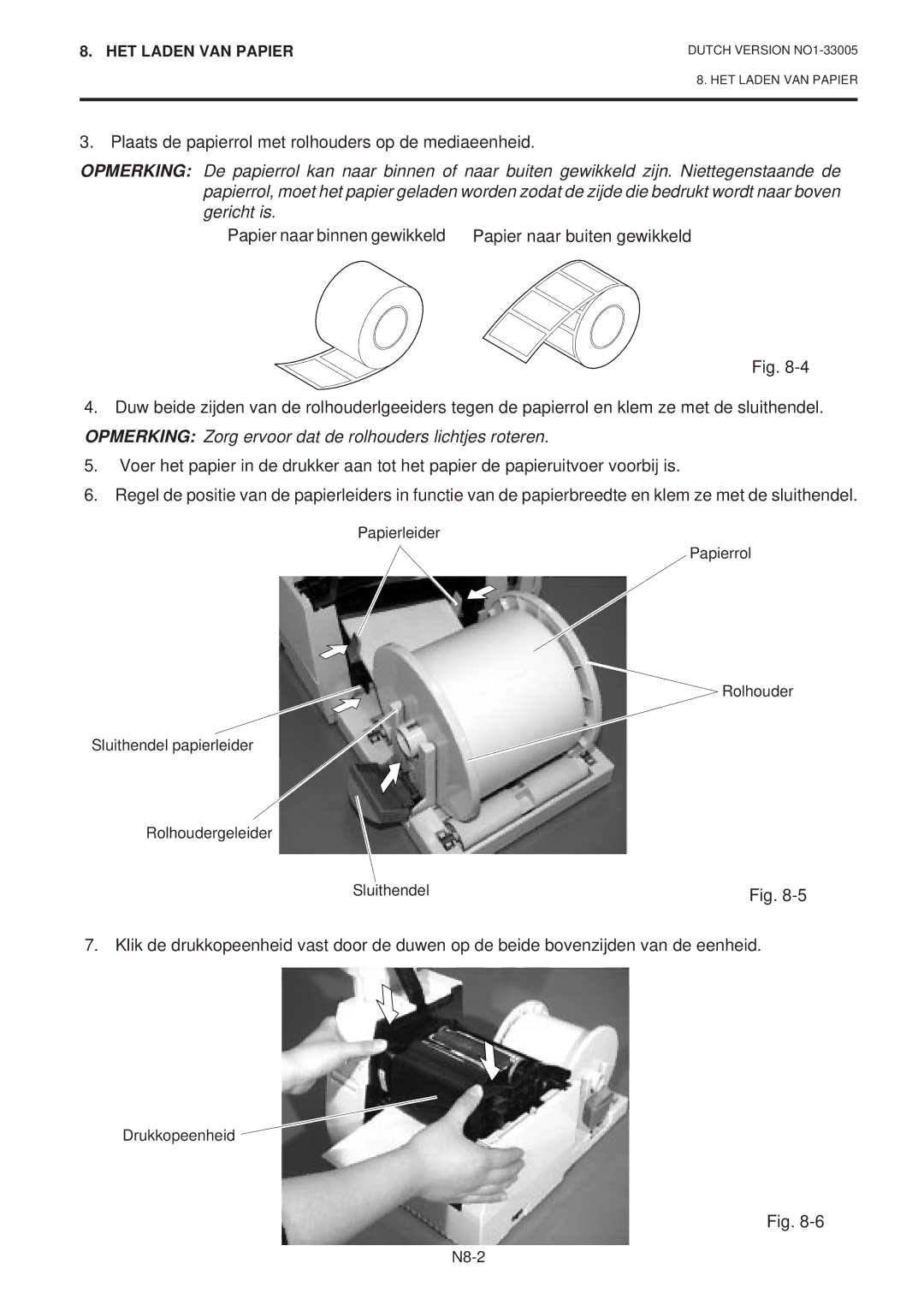 Toshiba B-450-QP SERIES owner manual Plaats de papierrol met rolhouders op de mediaeenheid 