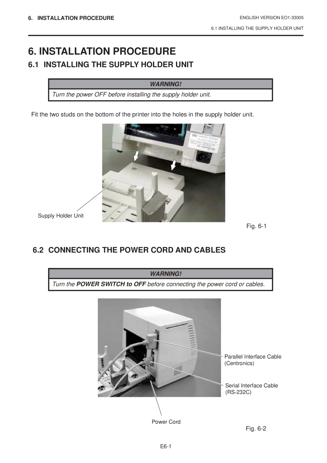 Toshiba B-450-QP SERIES Installation Procedure, Installing the Supply Holder Unit, Connecting the Power Cord and Cables 