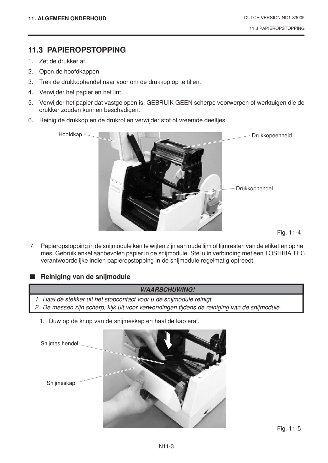 Toshiba B-450-QP SERIES owner manual Papieropstopping, Reiniging van de snijmodule 