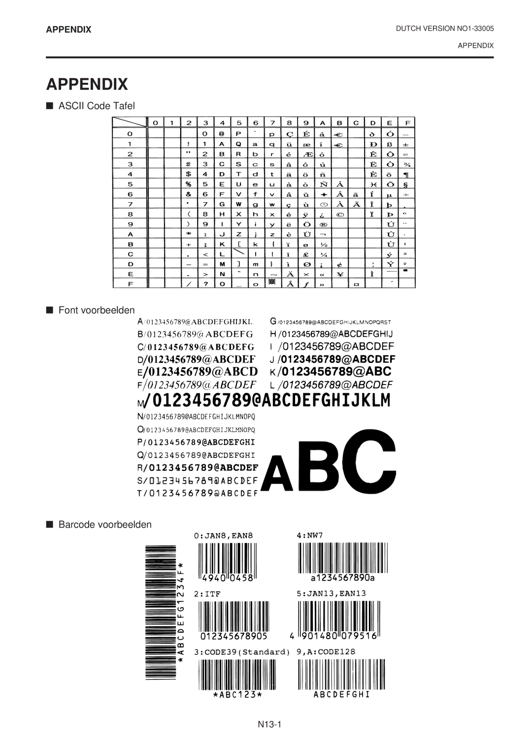 Toshiba B-450-QP SERIES owner manual Appendix, Ascii Code Tafel Font voorbeelden Barcode voorbeelden 