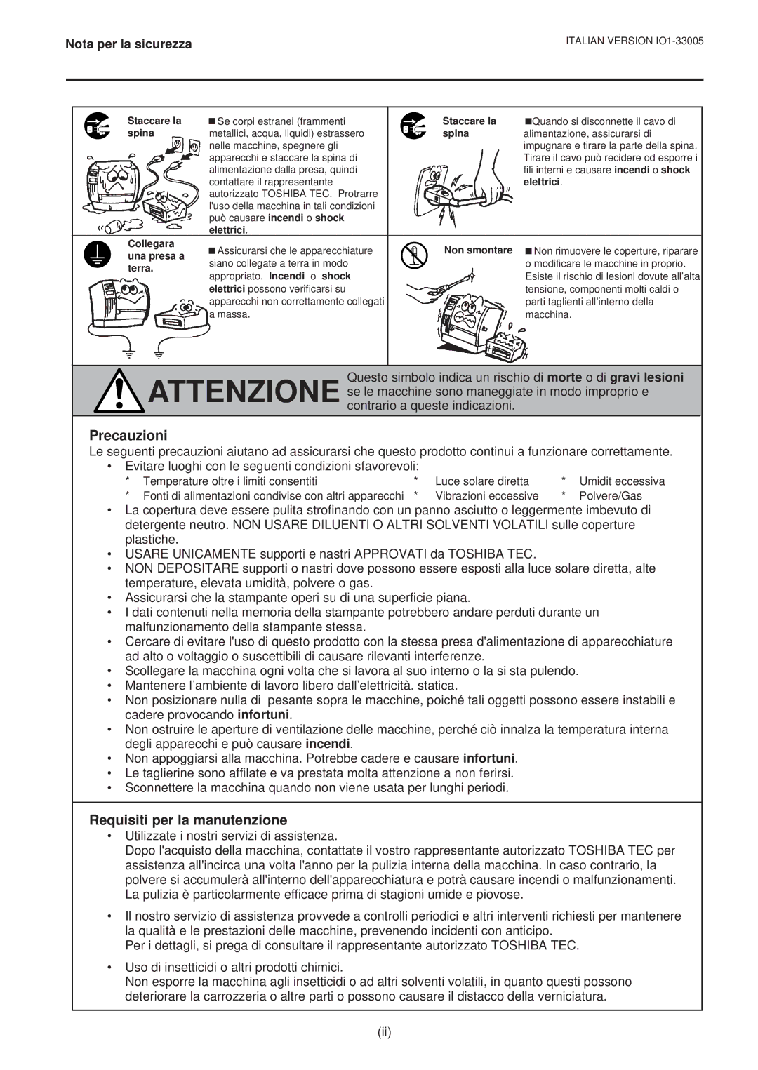 Toshiba B-450-QP SERIES owner manual Precauzioni, Requisiti per la manutenzione 