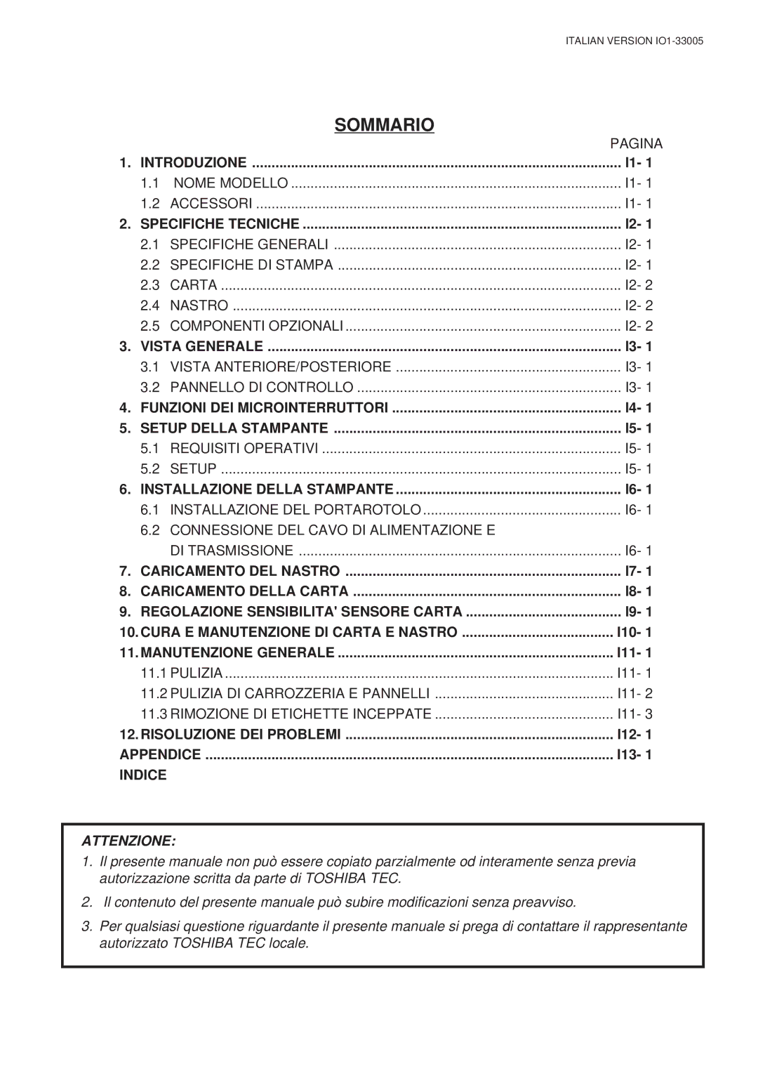 Toshiba B-450-QP SERIES owner manual Sommario, I10, I11, I12, I13 