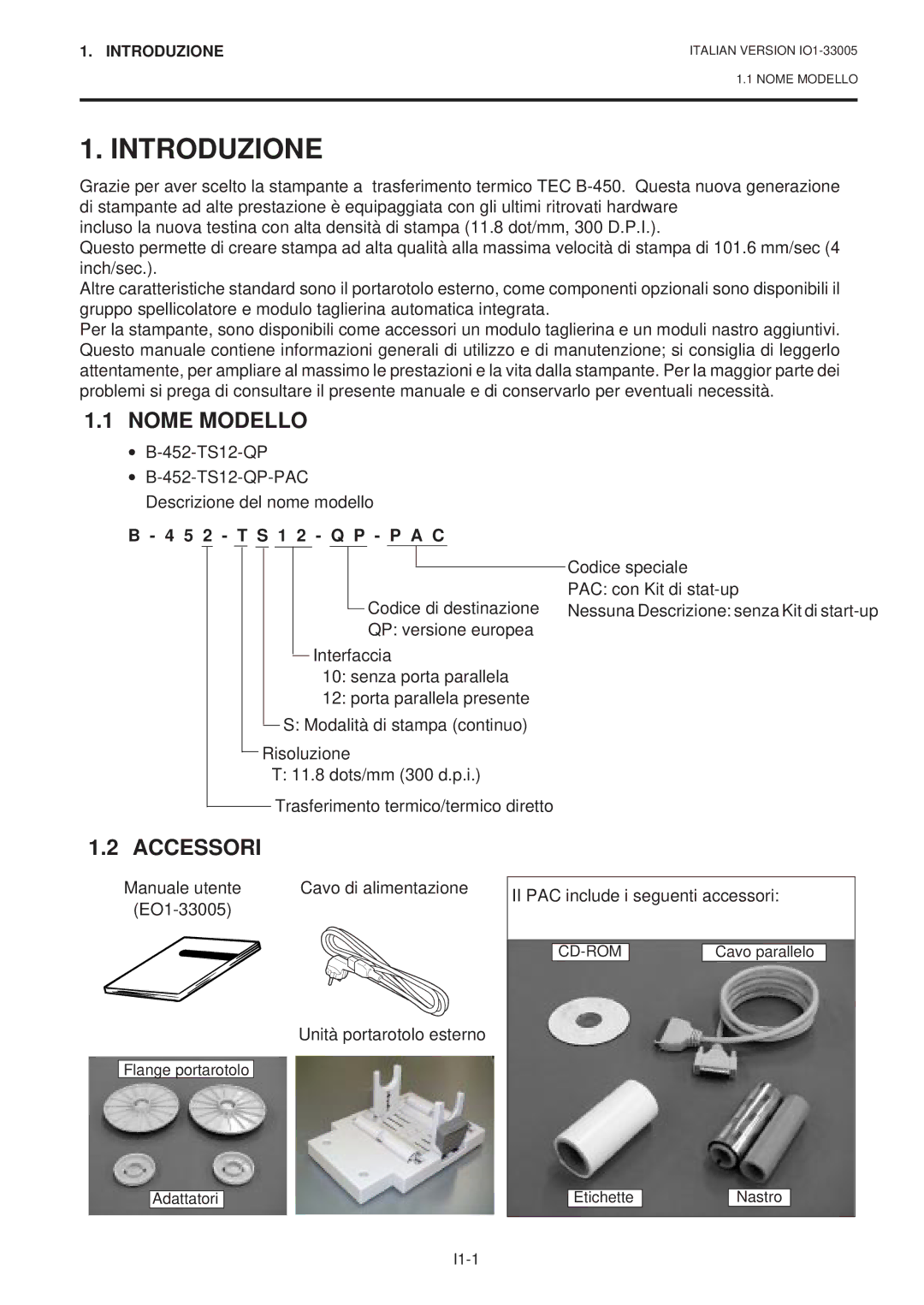 Toshiba B-450-QP SERIES owner manual Introduzione, Nome Modello, Accessori, II PAC include i seguenti accessori 