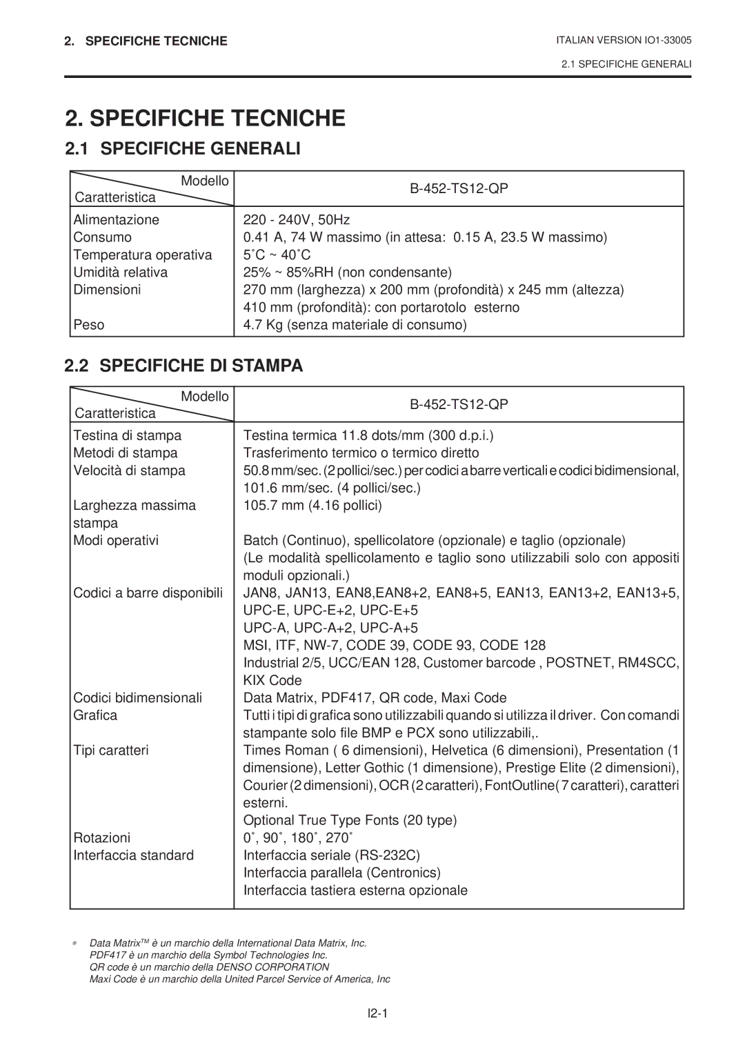 Toshiba B-450-QP SERIES owner manual Specifiche Tecniche, Specifiche Generali, Specifiche DI Stampa 