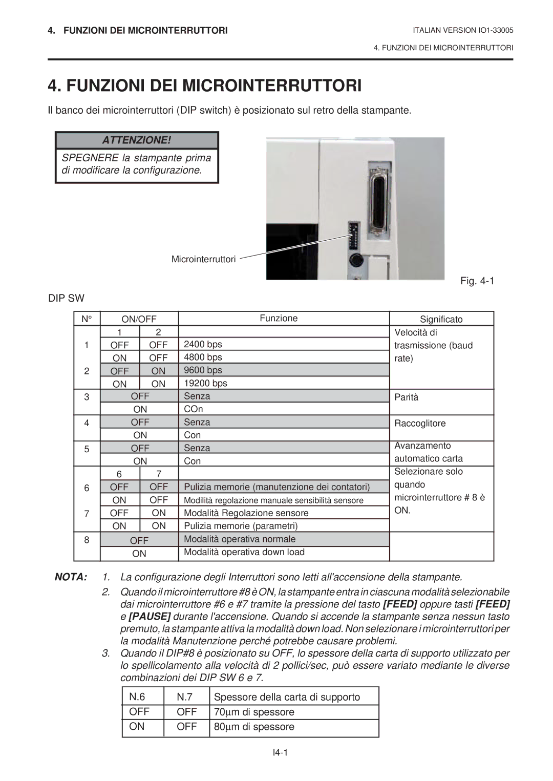 Toshiba B-450-QP SERIES owner manual Funzioni DEI Microinterruttori, Spessore della carta di supporto, 70 μm di spessore 