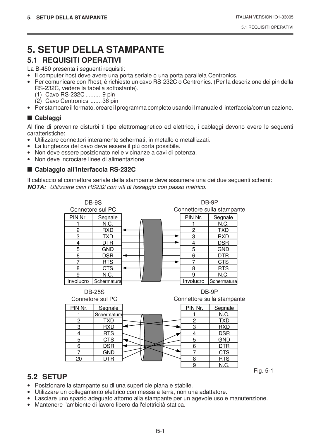 Toshiba B-450-QP SERIES owner manual Setup Della Stampante, Requisiti Operativi, Cablaggio allinterfaccia RS-232C 