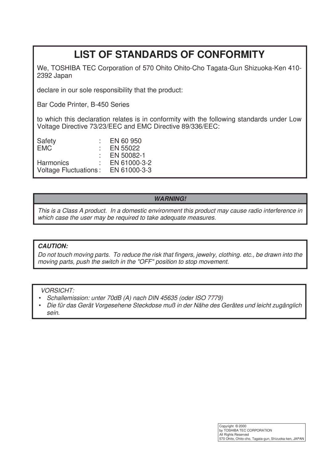 Toshiba B-450-QP SERIES owner manual List of Standards of Conformity, Emc 