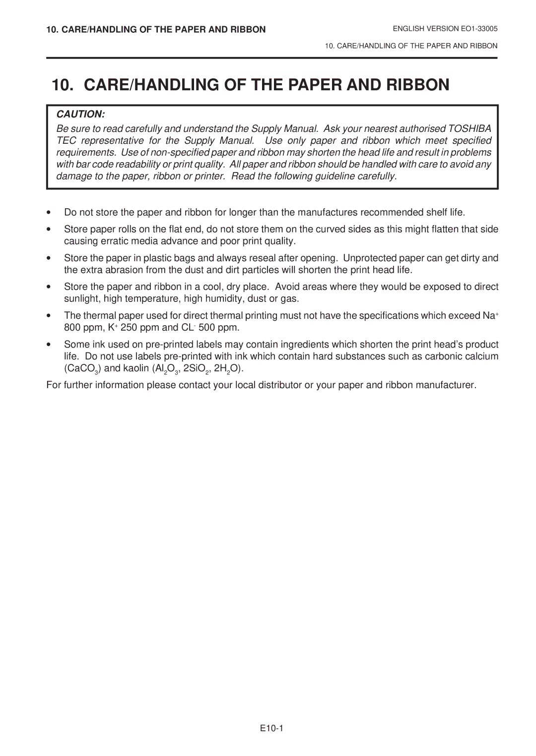 Toshiba B-450-QP SERIES owner manual CARE/HANDLING of the Paper and Ribbon 