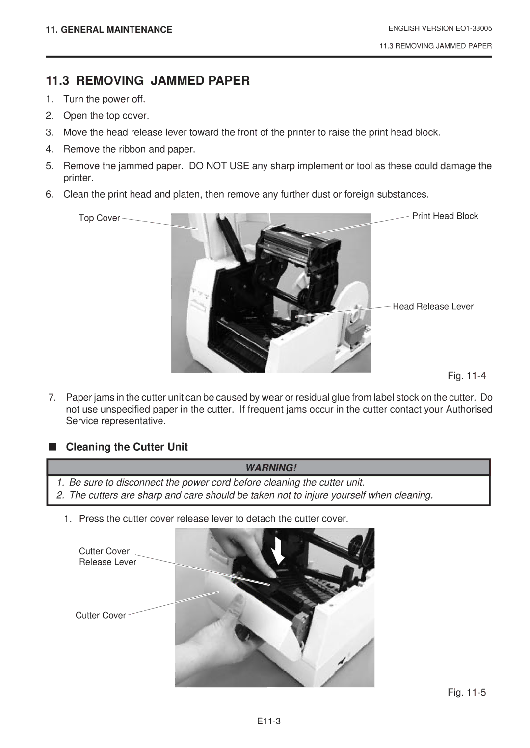 Toshiba B-450-QP SERIES owner manual Removing Jammed Paper, Cleaning the Cutter Unit 