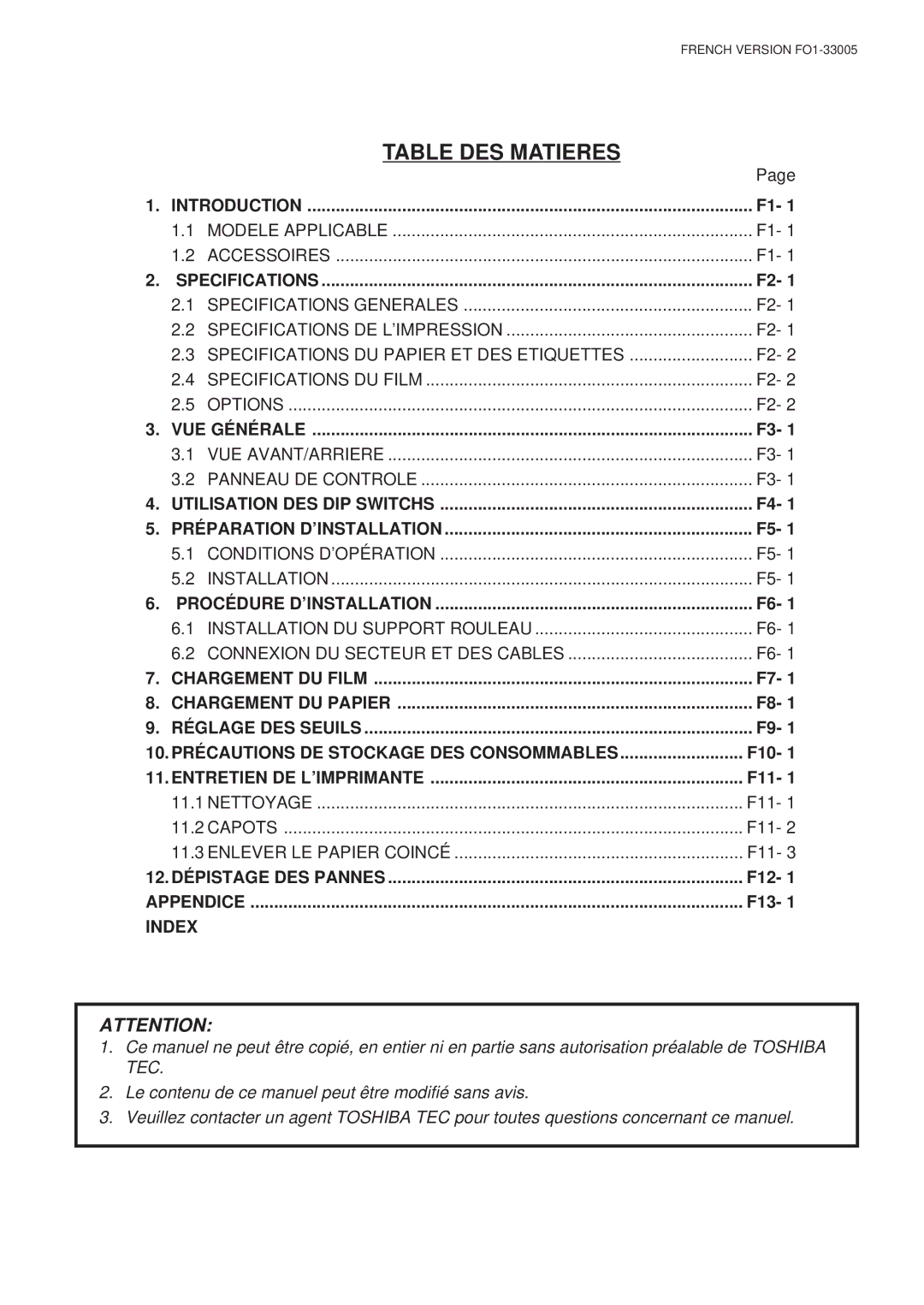 Toshiba B-450-QP SERIES owner manual Table DES Matieres, F10, F11, F12, F13 