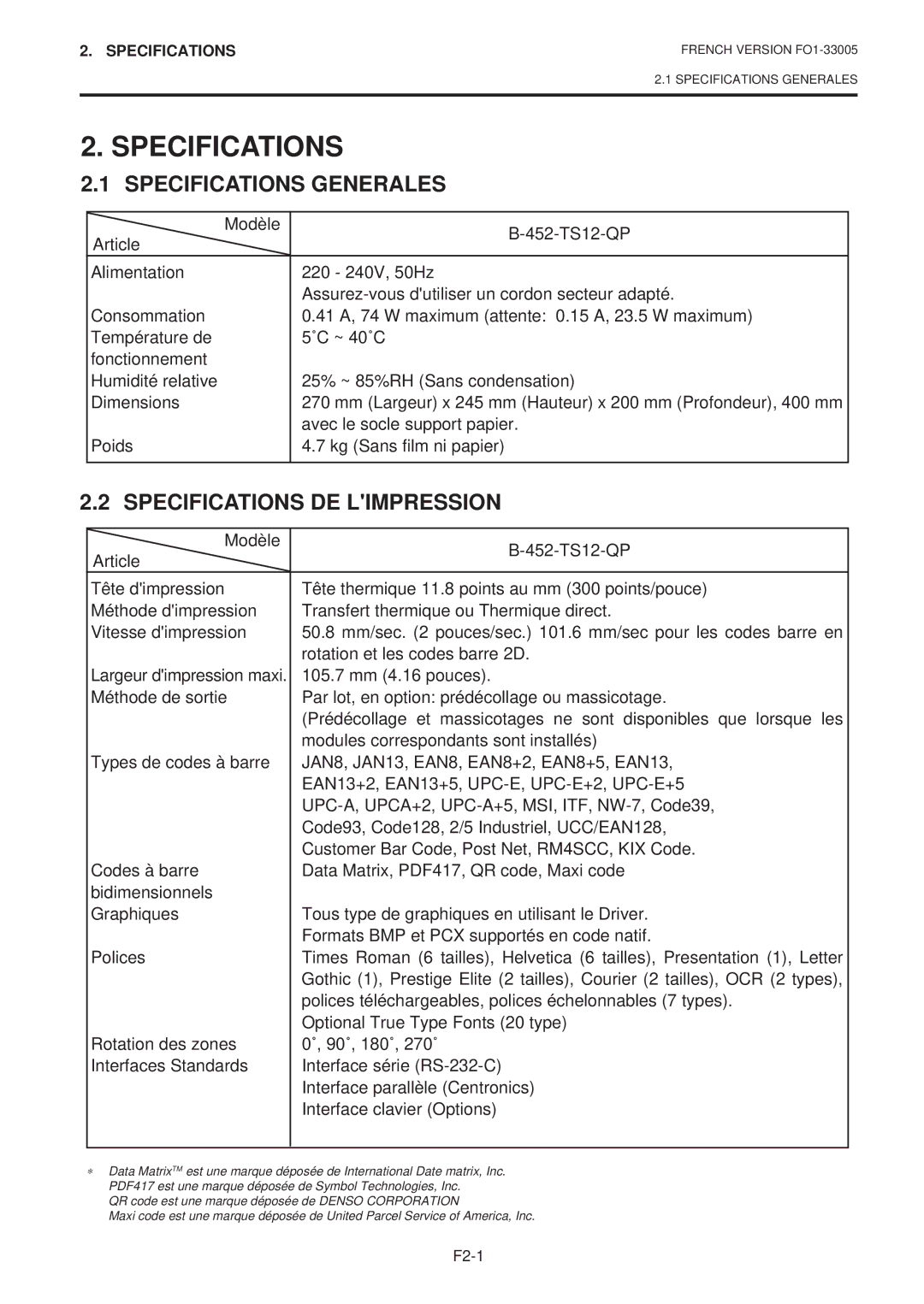 Toshiba B-450-QP SERIES owner manual Specifications Generales, Specifications DE Limpression, 105.7 mm 4.16 pouces 