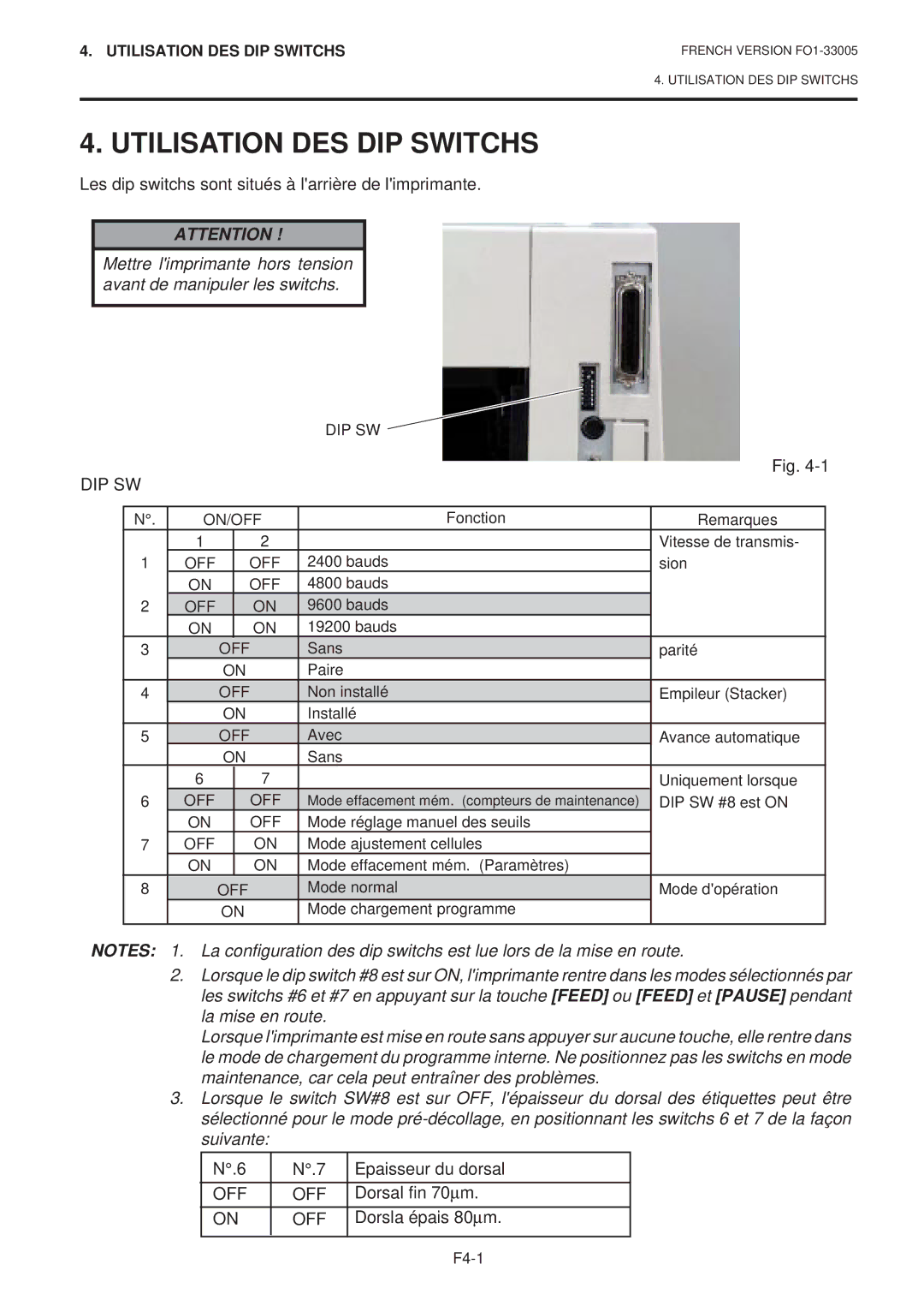 Toshiba B-450-QP SERIES owner manual Utilisation DES DIP Switchs, Les dip switchs sont situés à larrière de limprimante 