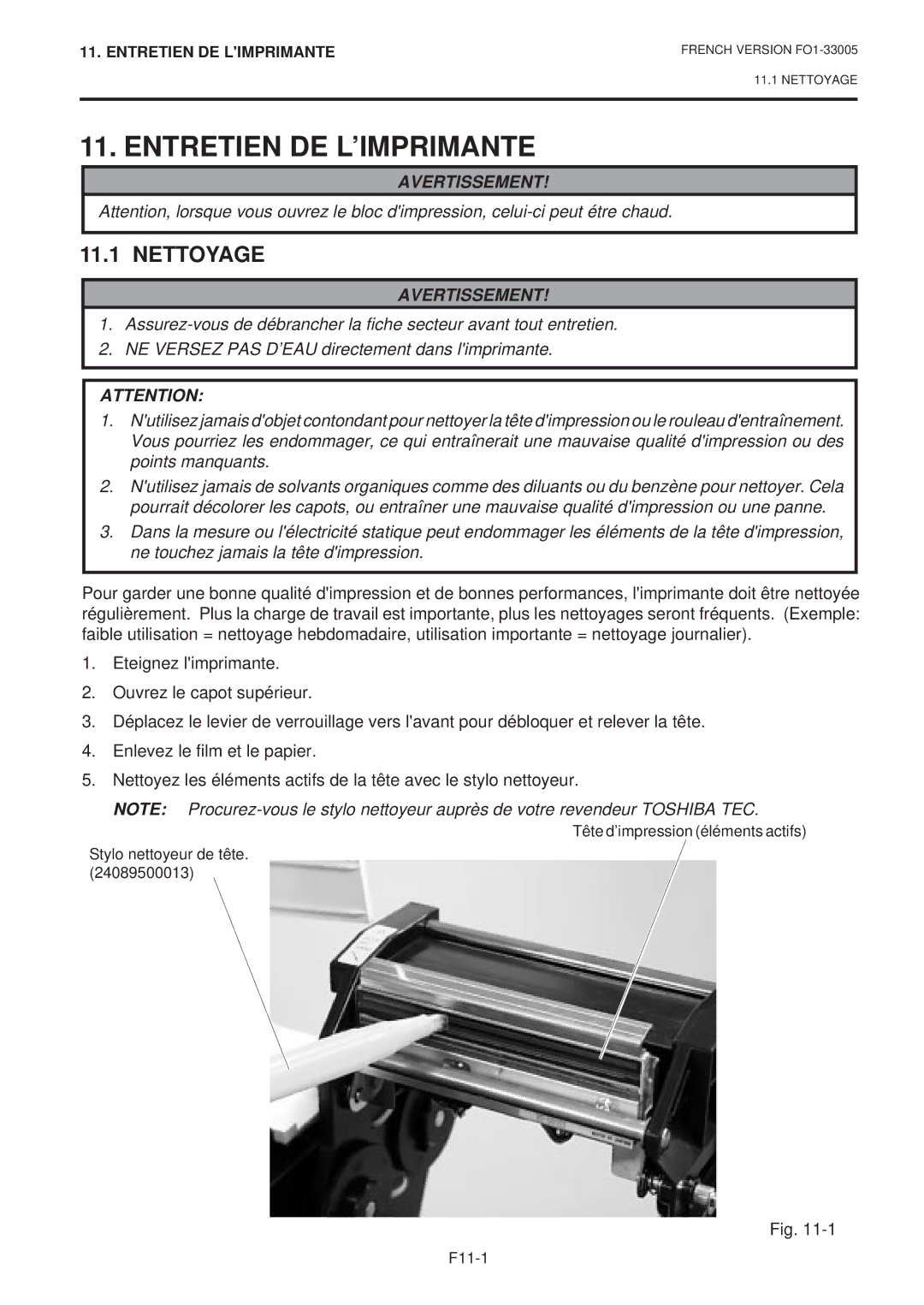 Toshiba B-450-QP SERIES owner manual Entretien DE L’IMPRIMANTE, Nettoyage 