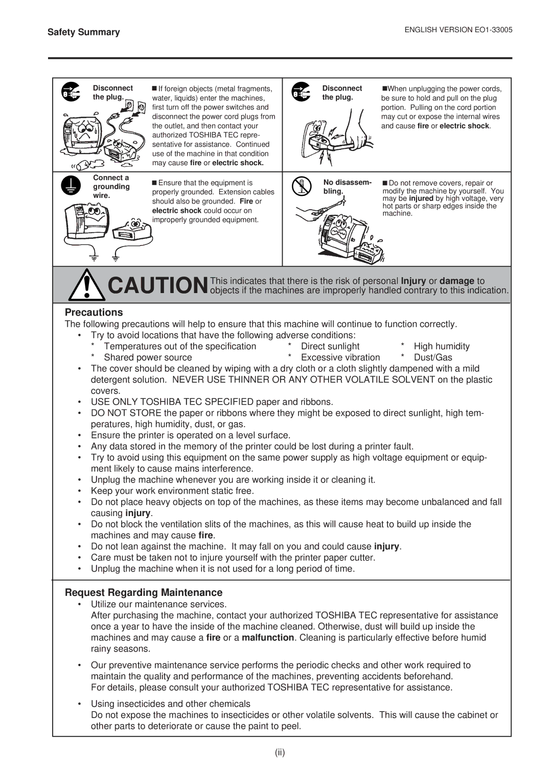 Toshiba B-450-QP SERIES owner manual Precautions, Request Regarding Maintenance 