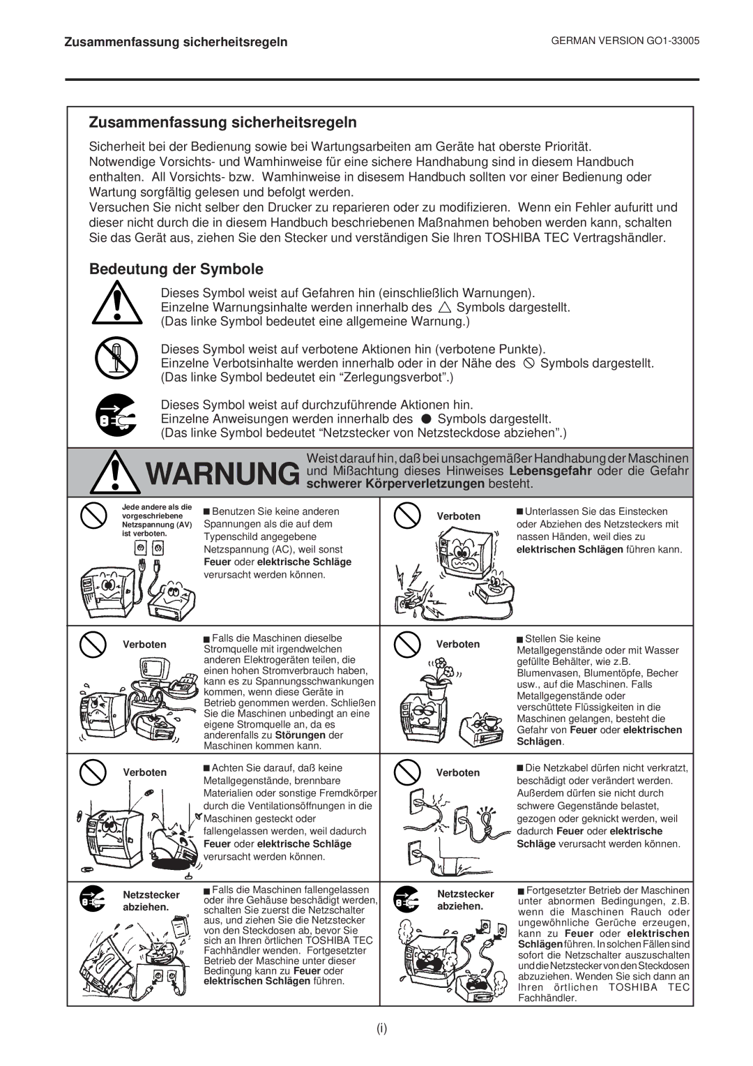 Toshiba B-450-QP SERIES owner manual Zusammenfassung sicherheitsregeln, Bedeutung der Symbole 