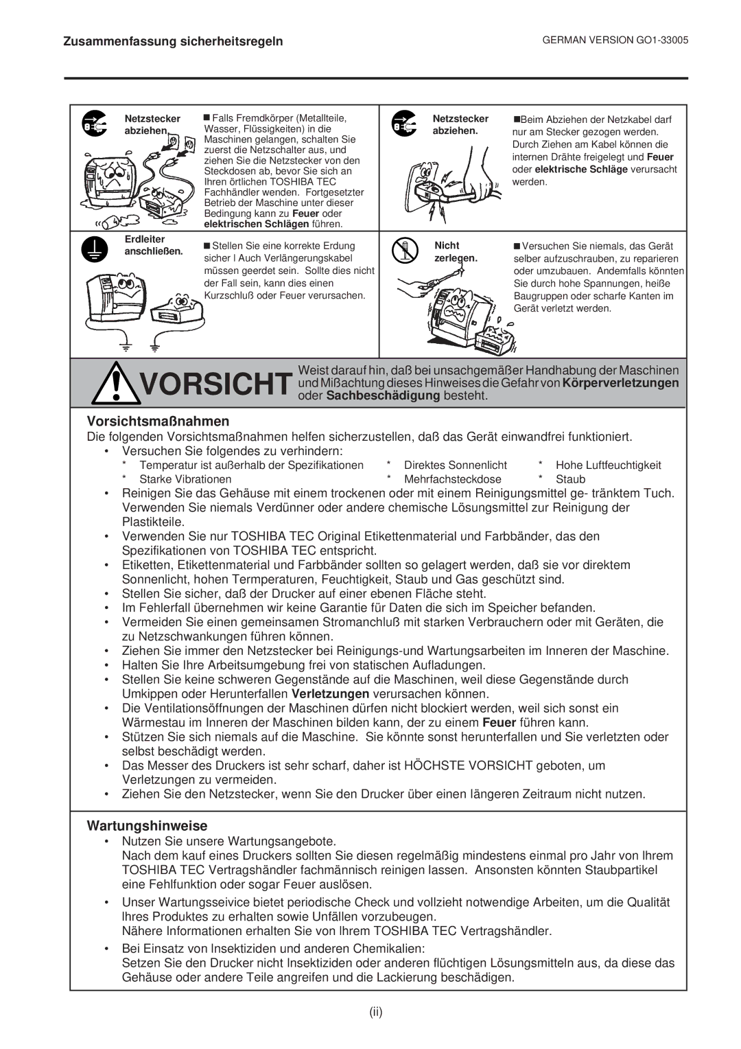 Toshiba B-450-QP SERIES owner manual Vorsichtsmaßnahmen, Wartungshinweise 