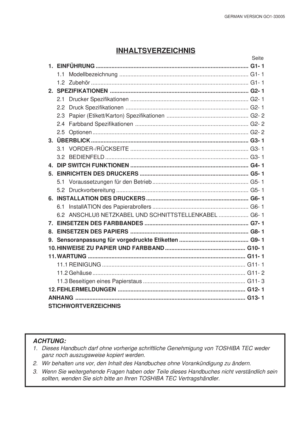 Toshiba B-450-QP SERIES owner manual Inhaltsverzeichnis, G10, G11, G12, G13 