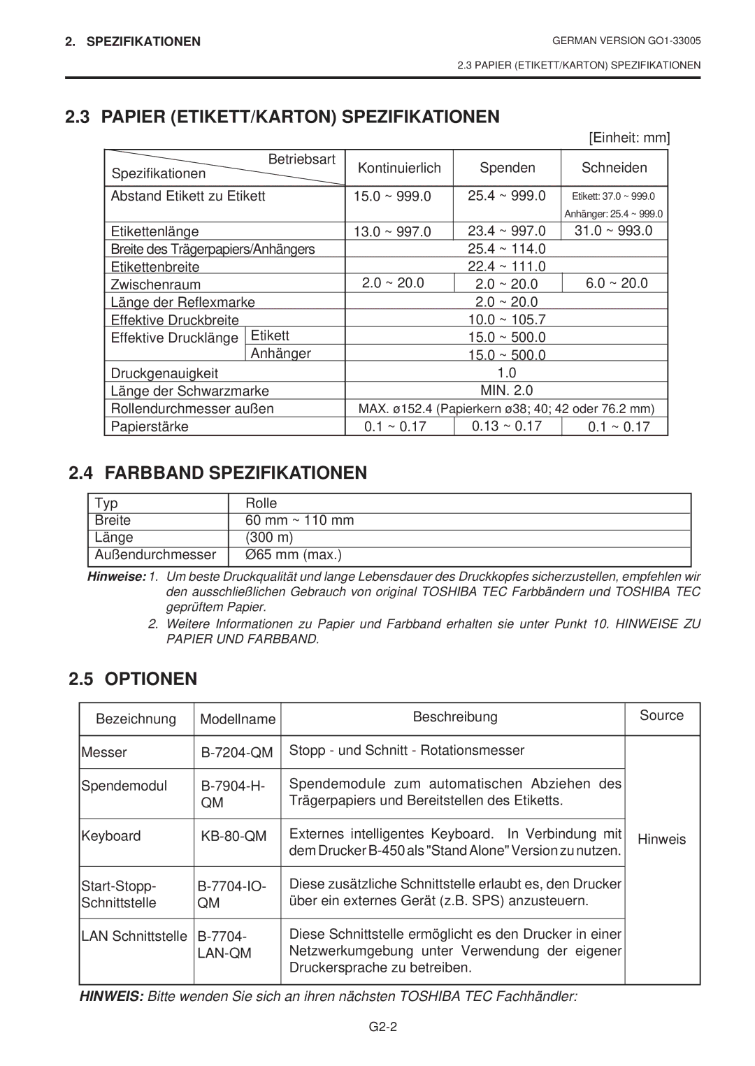 Toshiba B-450-QP SERIES owner manual Papier ETIKETT/KARTON Spezifikationen, Farbband Spezifikationen, Optionen, Lan-Qm 