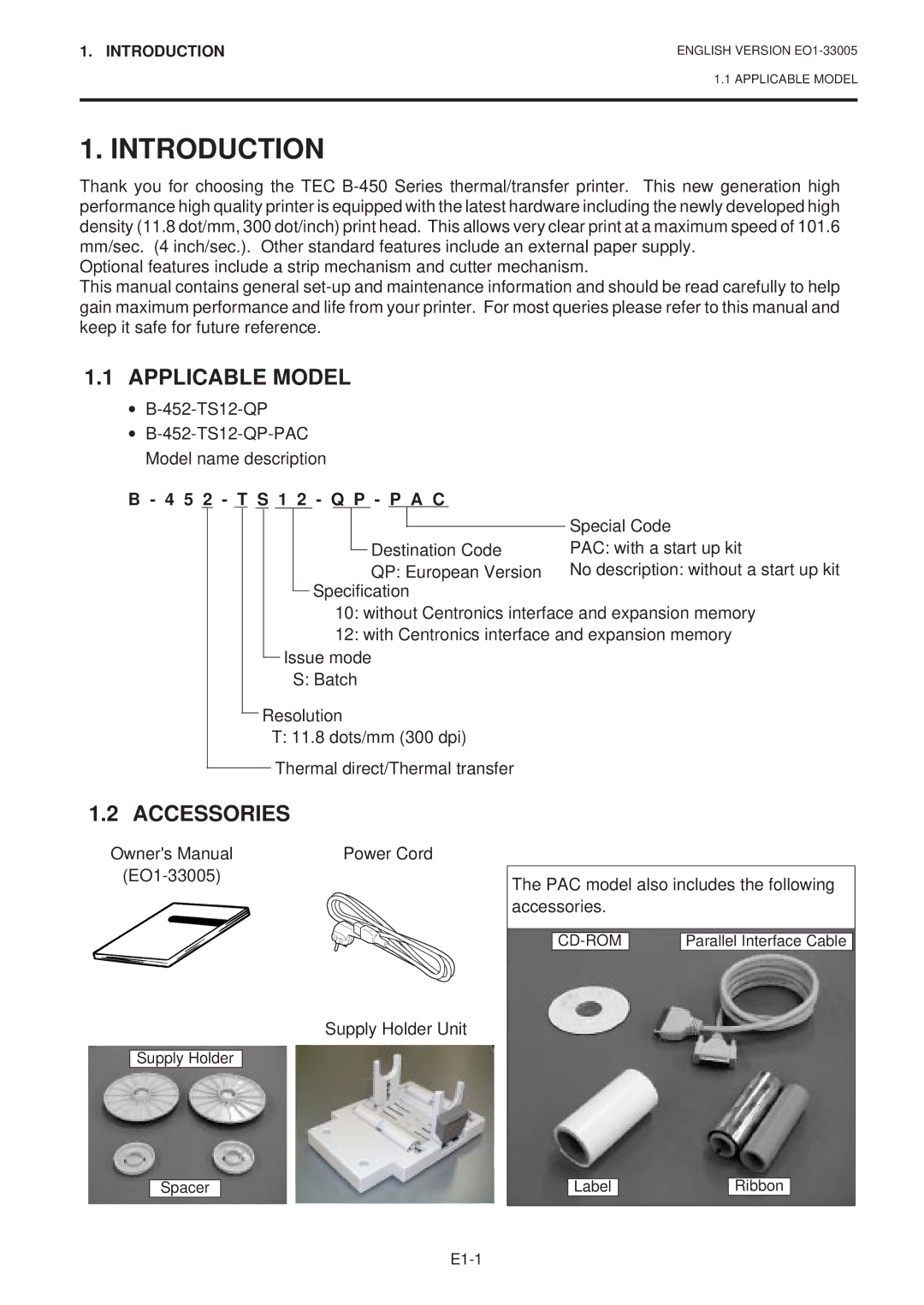 Toshiba B-450-QP SERIES owner manual Introduction, Applicable Model, Accessories, 5 2 T S 1 2 Q P P a C 