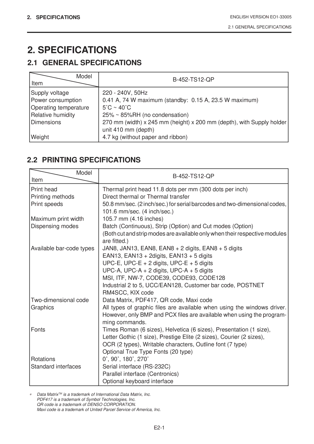 Toshiba B-450-QP SERIES General Specifications, Printing Specifications, MSI, ITF, NW-7, CODE39, CODE93, CODE128 