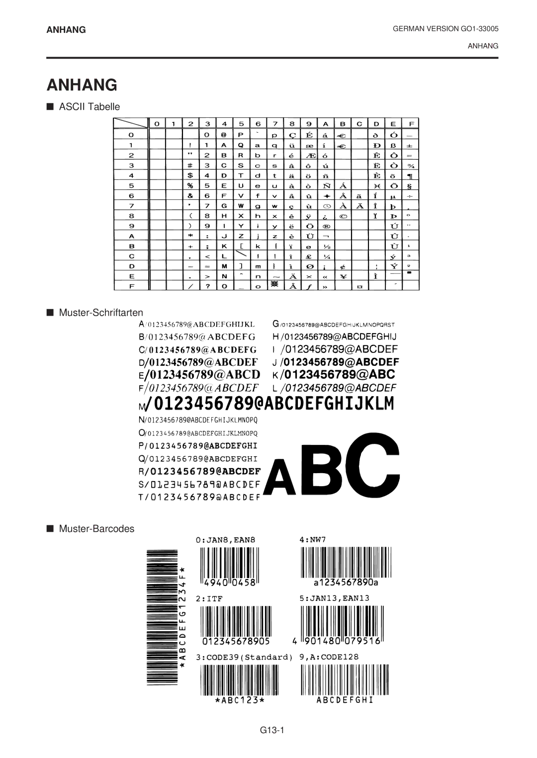 Toshiba B-450-QP SERIES owner manual Anhang, Ascii Tabelle Muster-Schriftarten Muster-Barcodes 