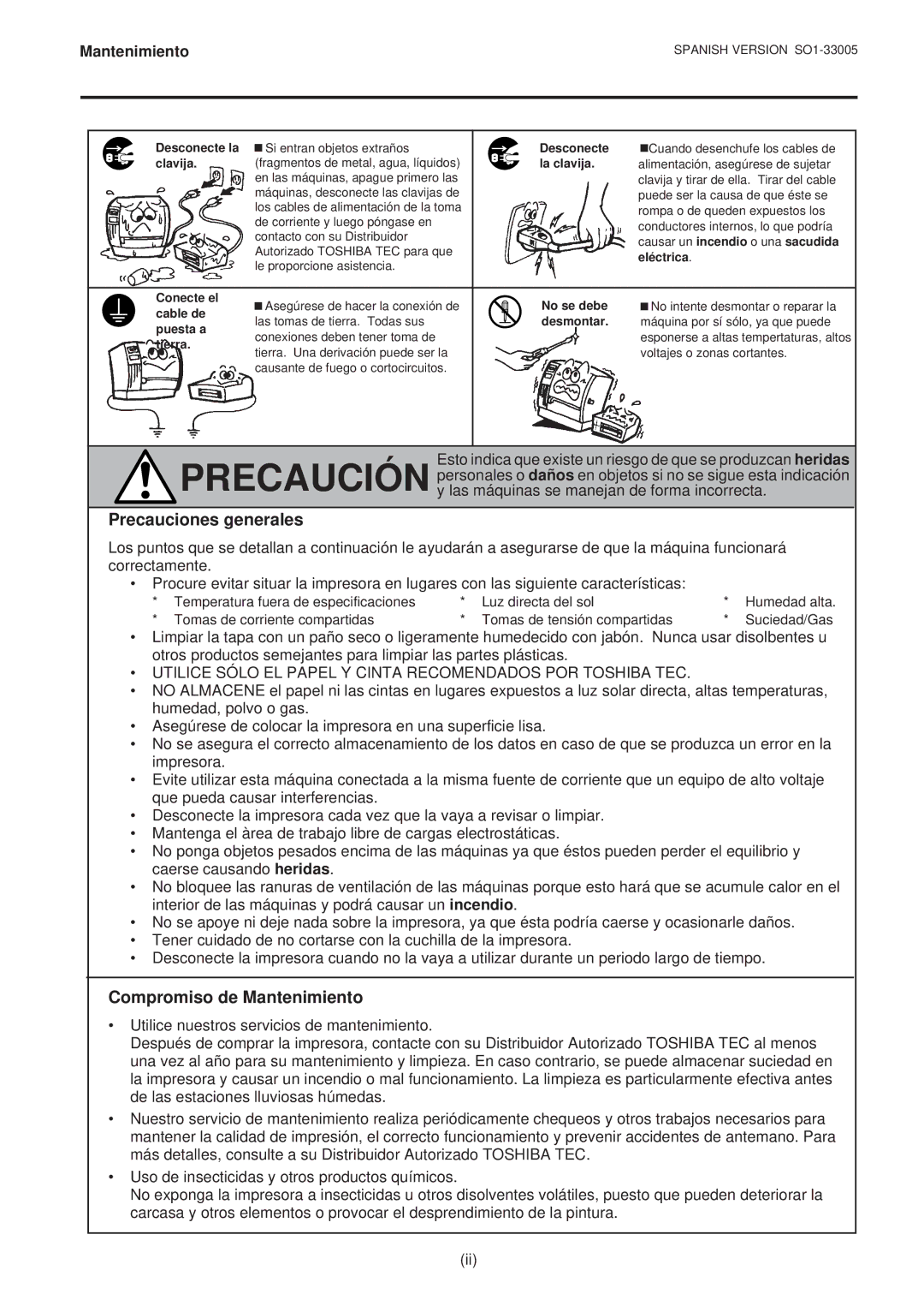 Toshiba B-450-QP SERIES owner manual Precauciones generales, Compromiso de Mantenimiento 