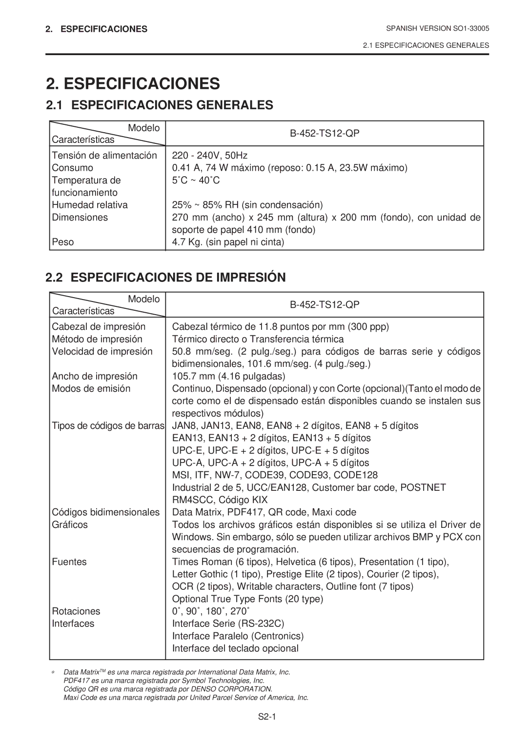 Toshiba B-450-QP SERIES owner manual Especificaciones Generales, Especificaciones DE Impresión 