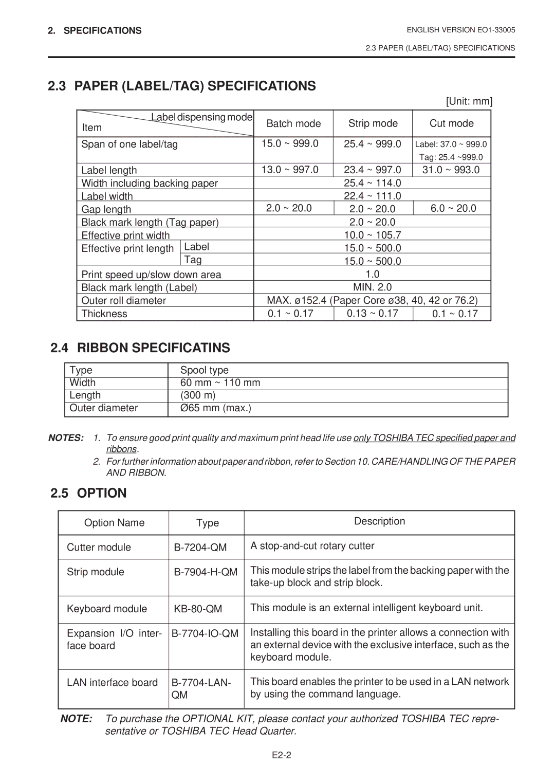 Toshiba B-450-QP SERIES Paper LABEL/TAG Specifications, Ribbon Specificatins, Option, Take-up block and strip block 