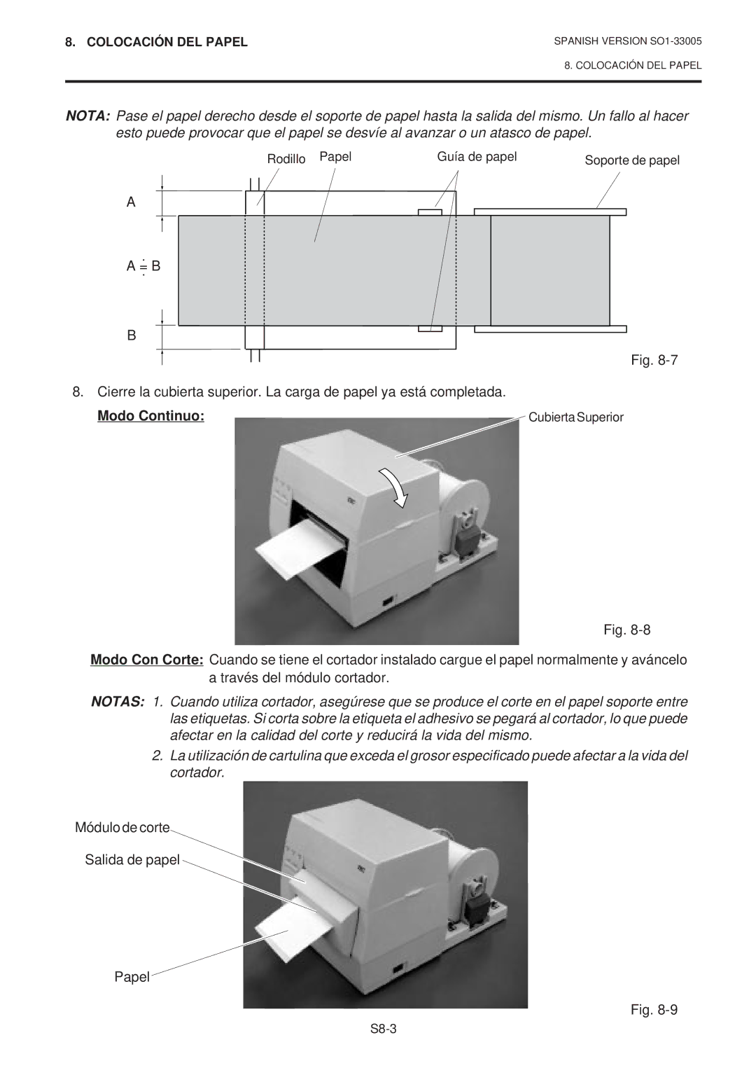 Toshiba B-450-QP SERIES owner manual Modo Continuo, Módulo de corte Salida de papel Papel 