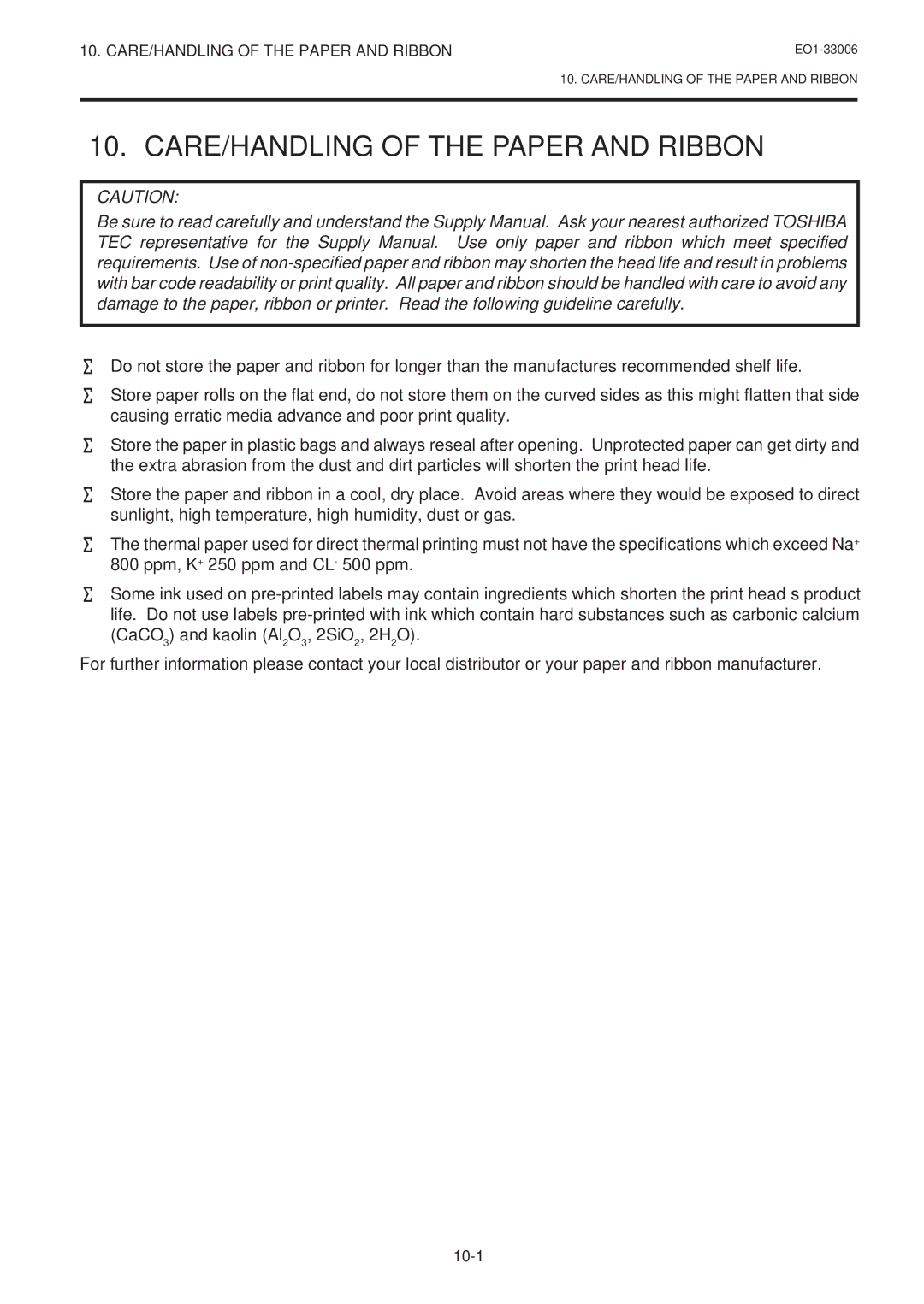 Toshiba B-450-QQ Series owner manual CARE/HANDLING of the Paper and Ribbon 