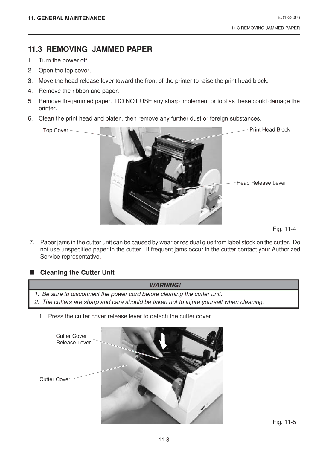 Toshiba B-450-QQ Series owner manual Removing Jammed Paper, Cleaning the Cutter Unit 