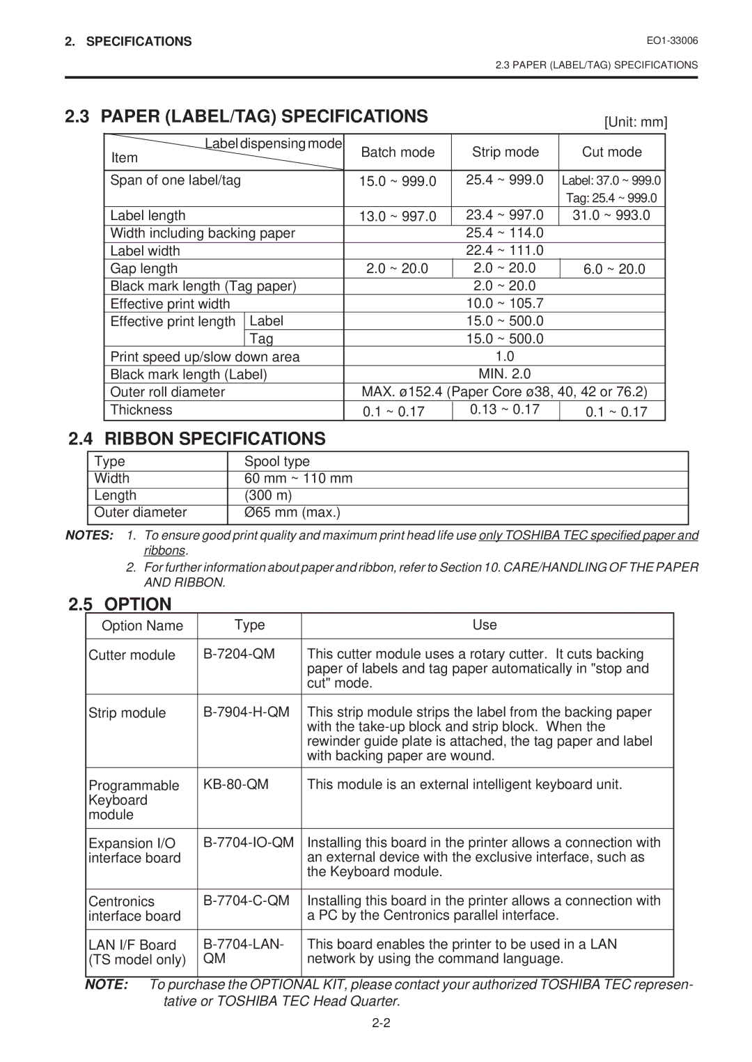 Toshiba B-450-QQ Series owner manual Ribbon Specifications, Option 