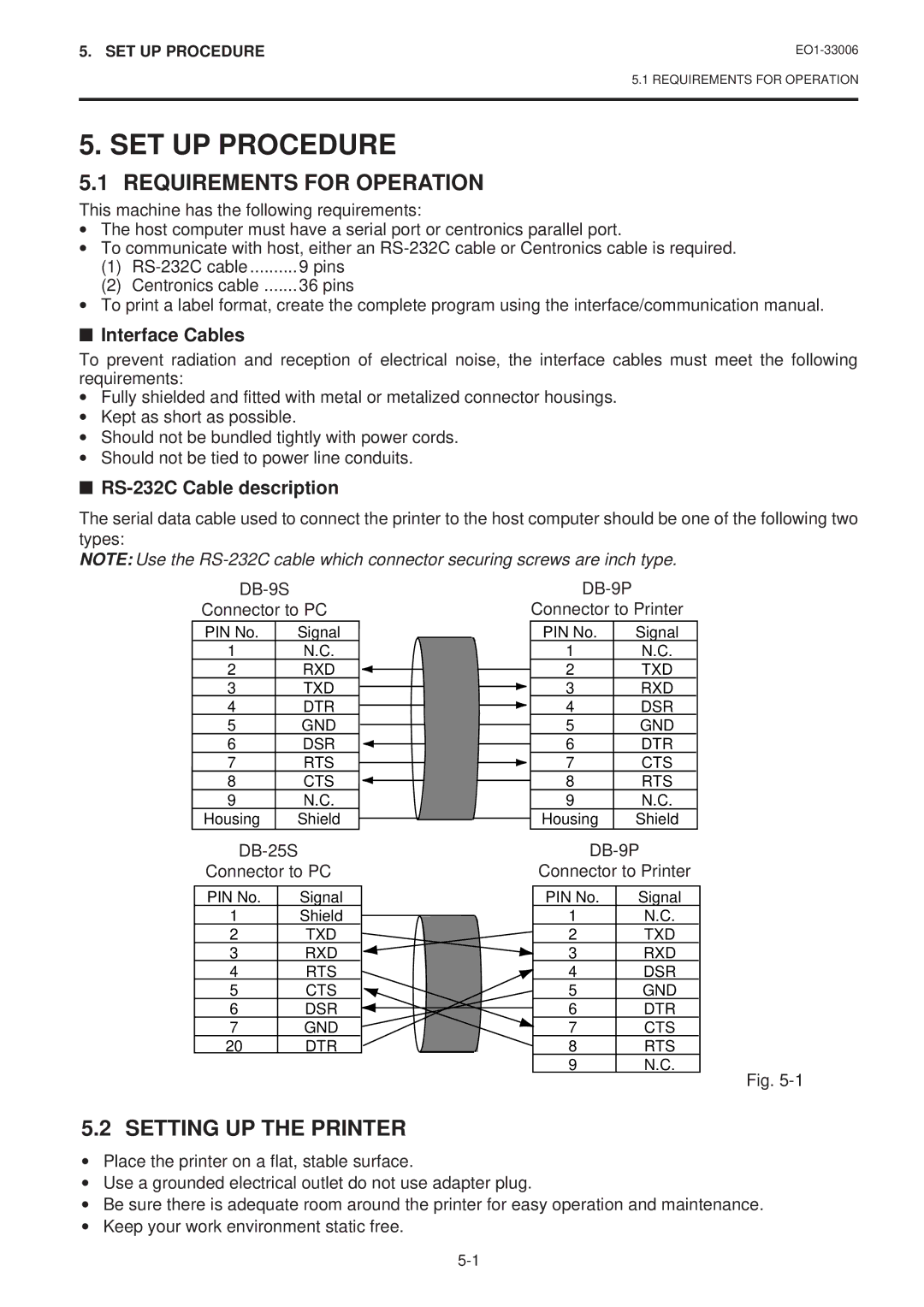 Toshiba B-450-QQ owner manual SET UP Procedure, Requirements for Operation, Setting UP the Printer, DB-9S, DB-9P 