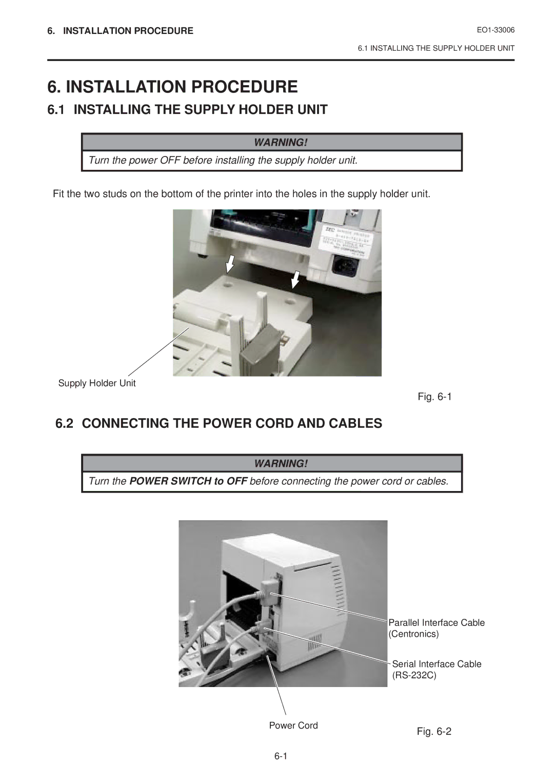 Toshiba B-450-QQ Installation Procedure, Installing the Supply Holder Unit, Connecting the Power Cord and Cables 