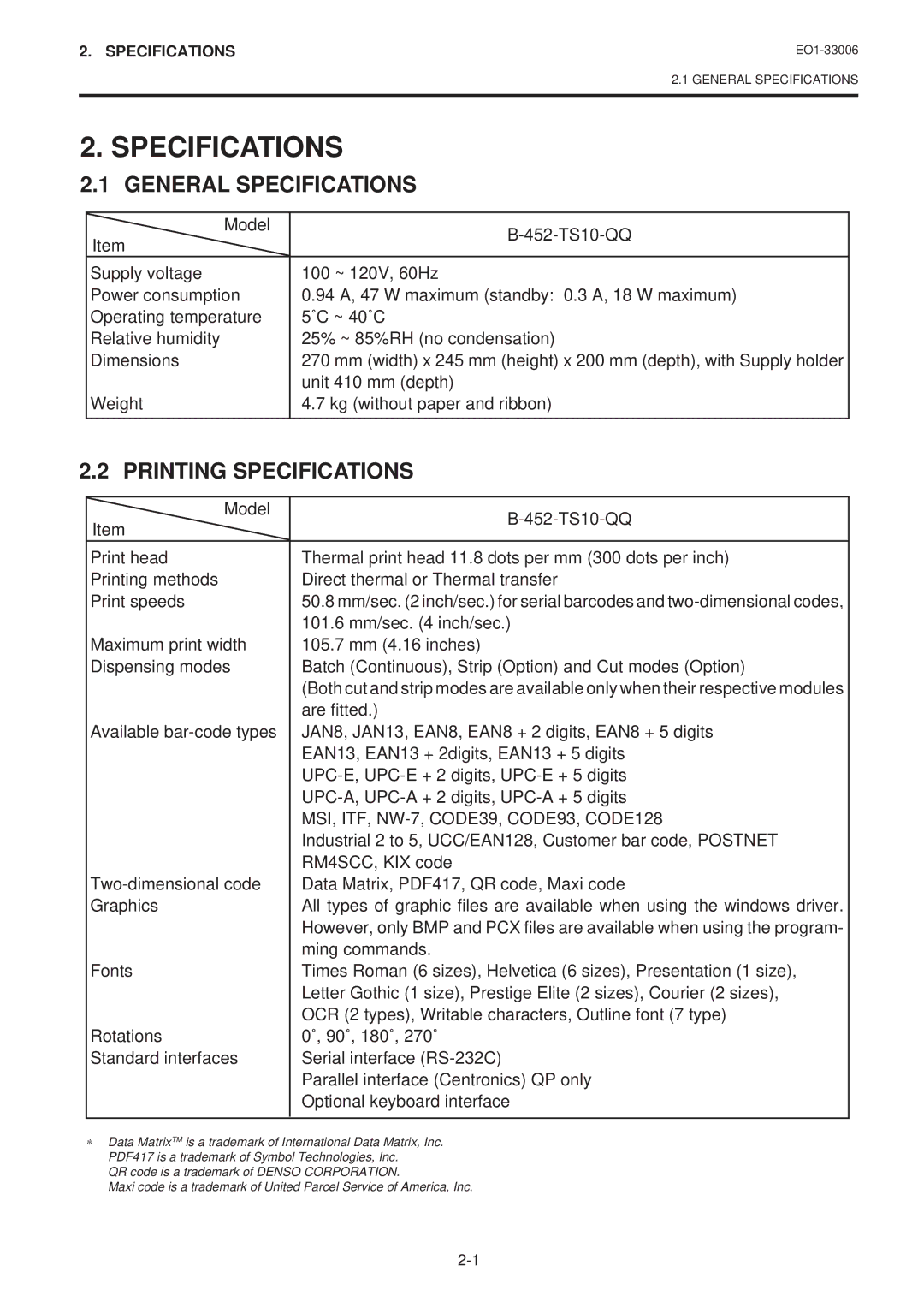 Toshiba B-450-QQ owner manual General Specifications, Printing Specifications, MSI, ITF, NW-7, CODE39, CODE93, CODE128 