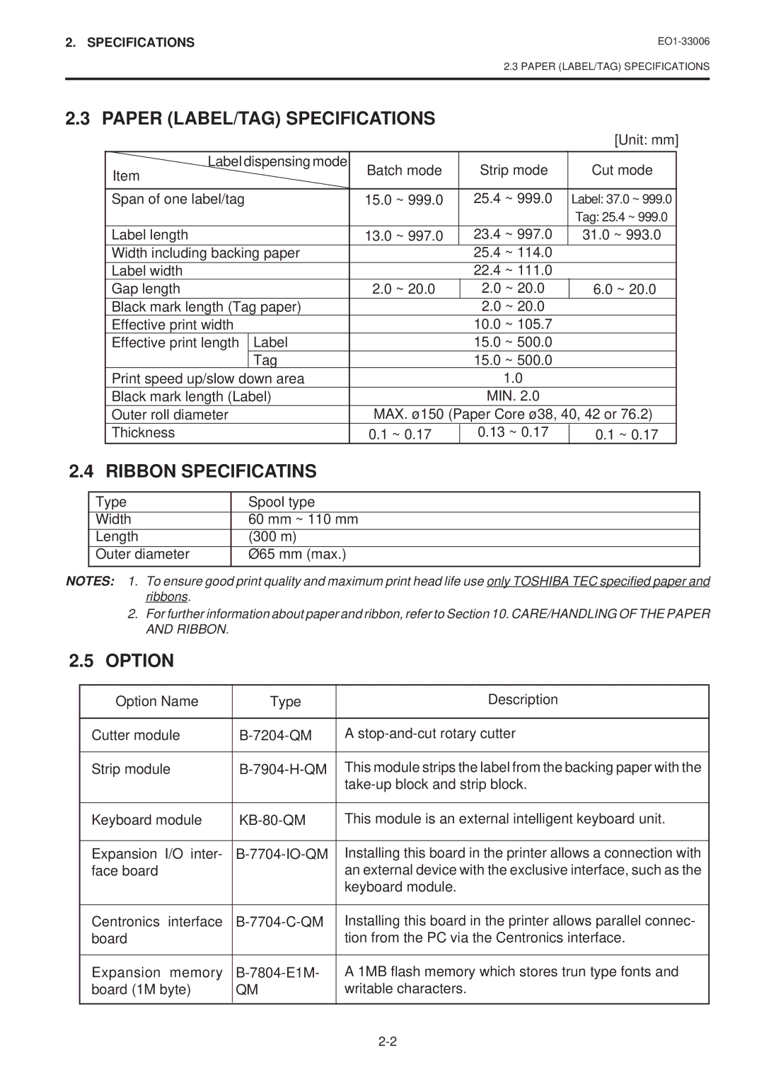 Toshiba B-450-QQ owner manual Paper LABEL/TAG Specifications, Ribbon Specificatins, Option 