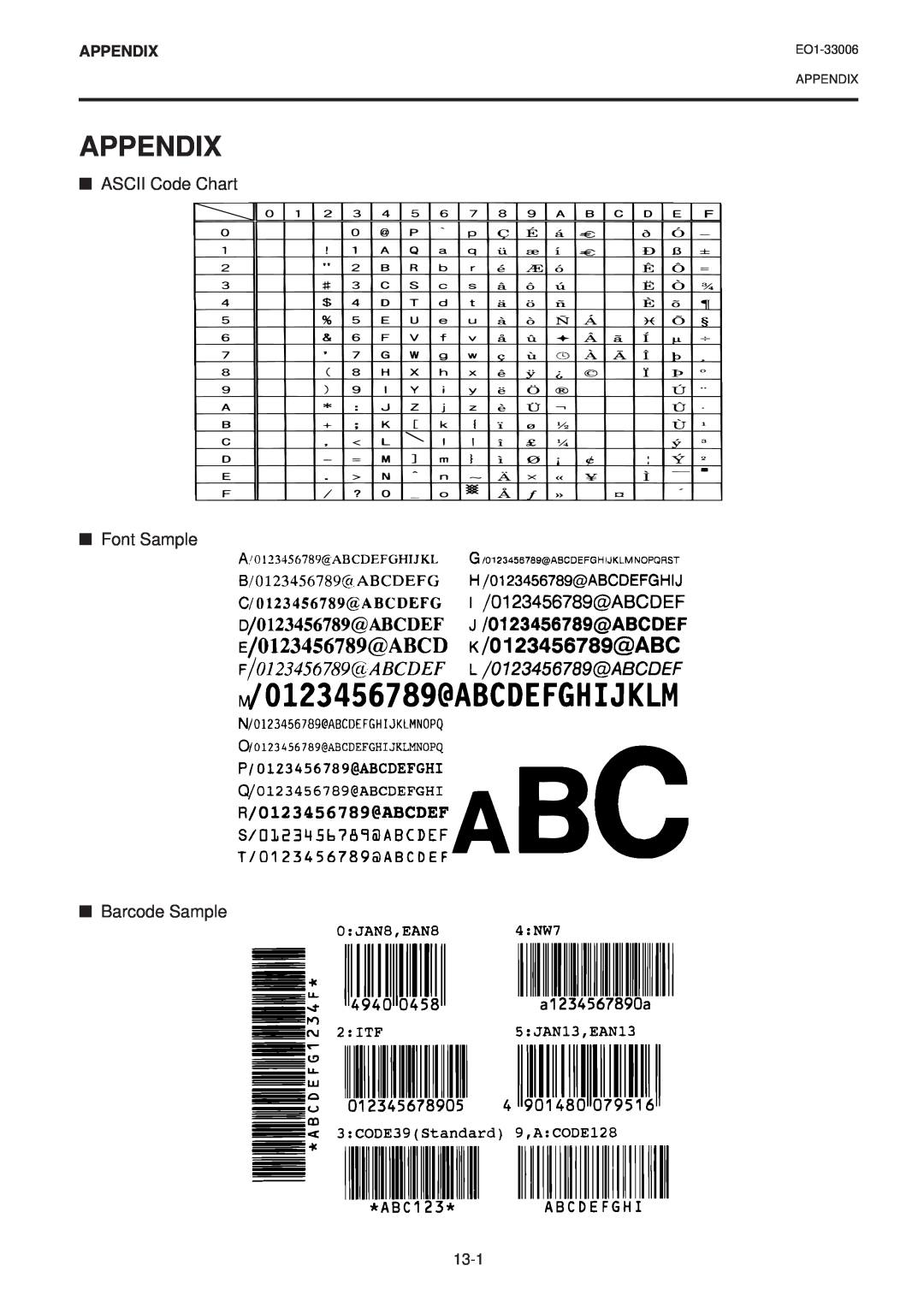 Toshiba B-450-QQ owner manual Appendix, ASCII Code Chart Font Sample Barcode Sample 