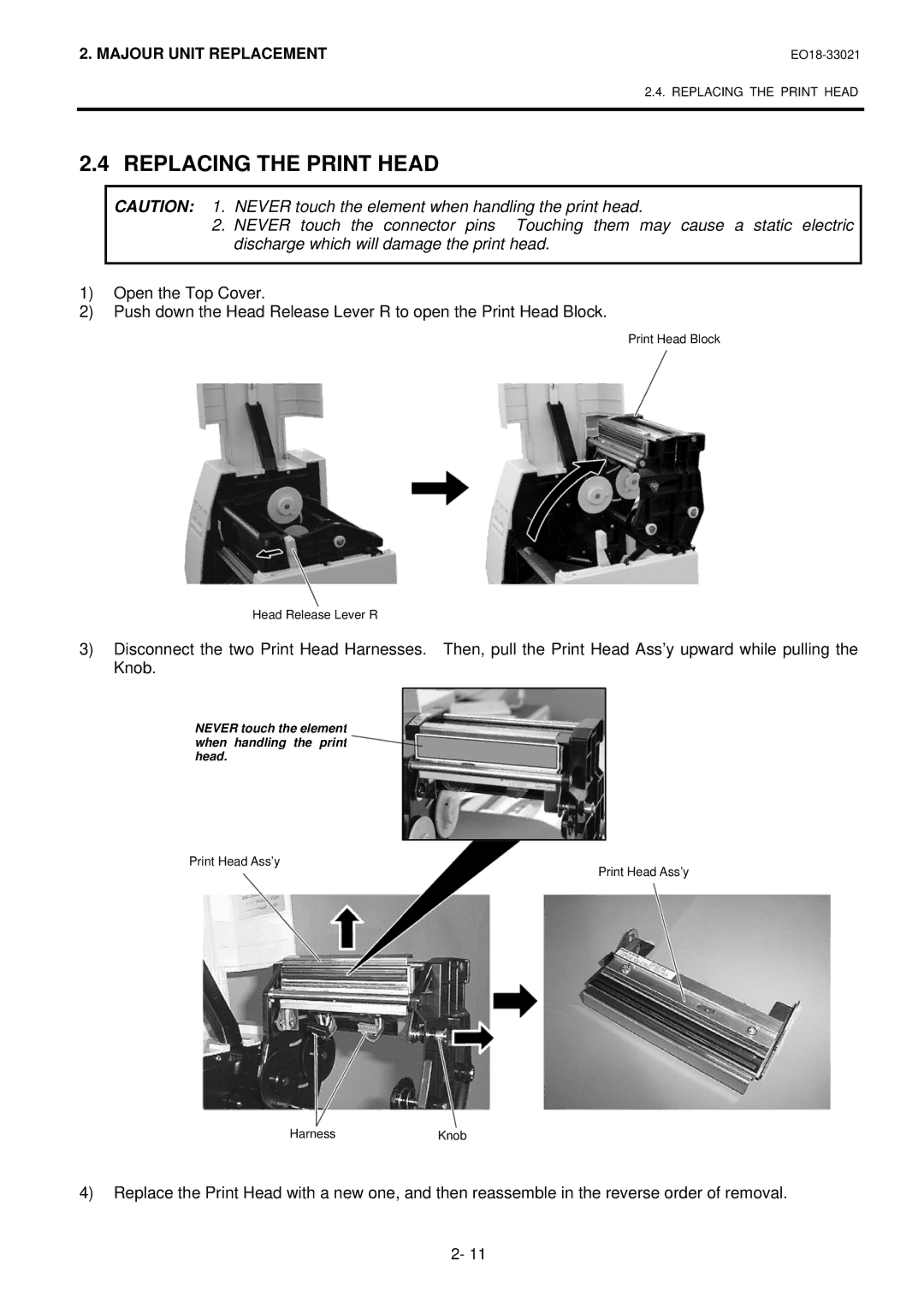 Toshiba B-450-R manual Replacing the Print Head 