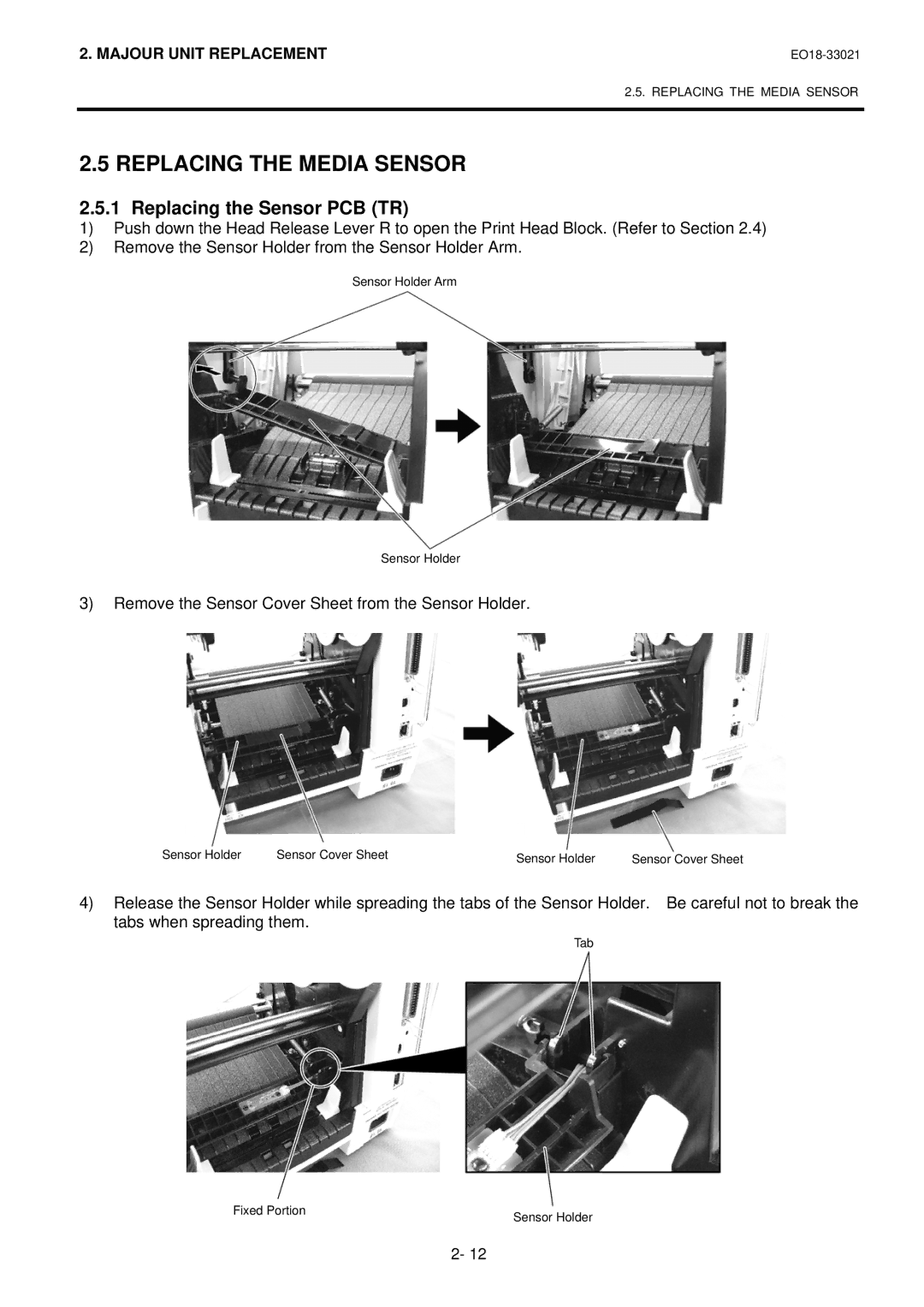 Toshiba B-450-R manual Replacing the Media Sensor, Replacing the Sensor PCB TR 