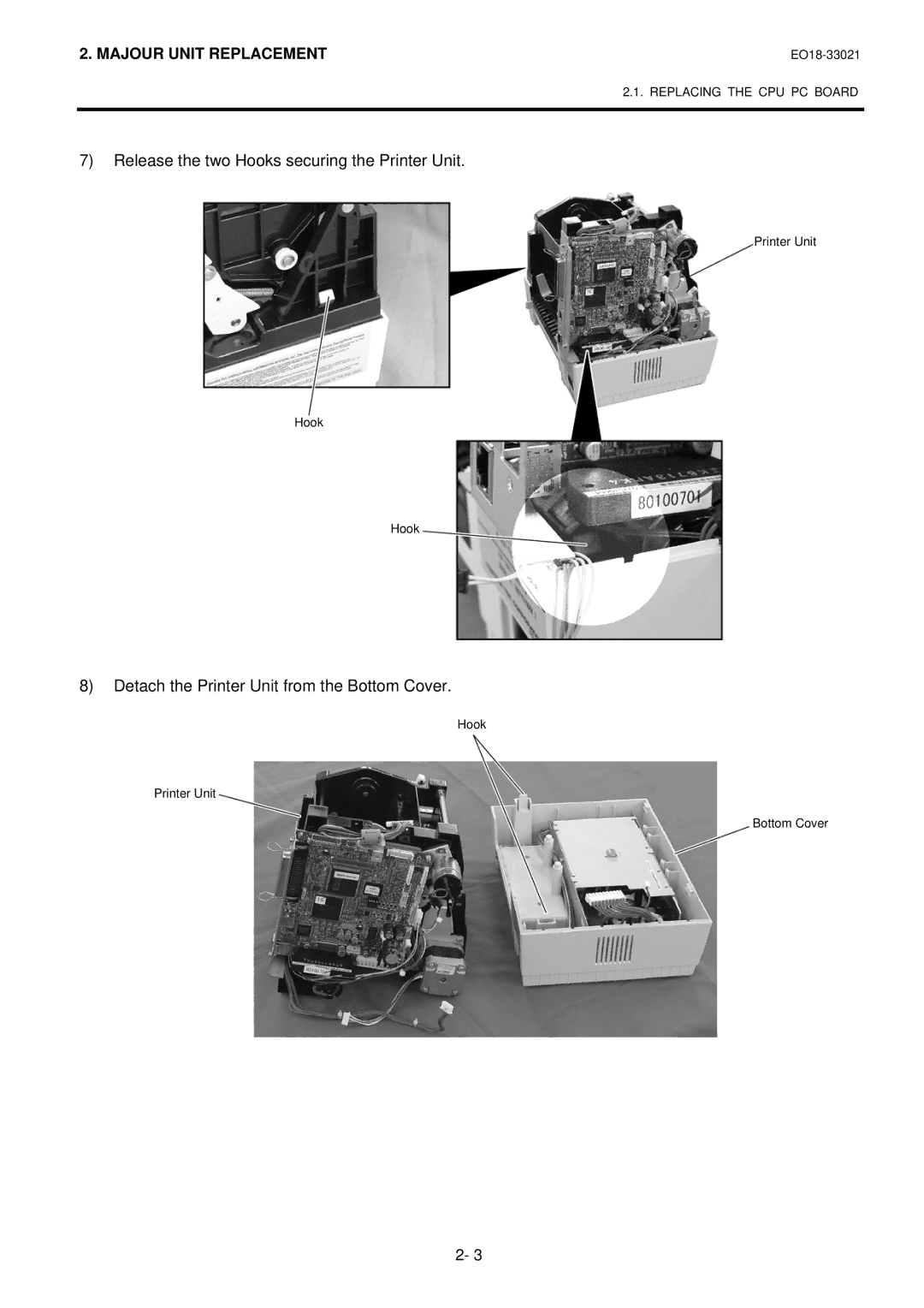 Toshiba B-450-R manual Release the two Hooks securing the Printer Unit 