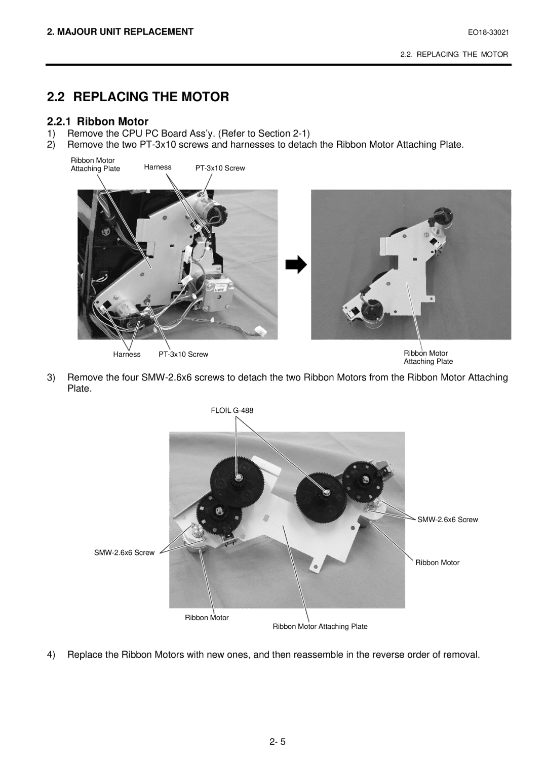 Toshiba B-450-R manual Replacing the Motor, Ribbon Motor 