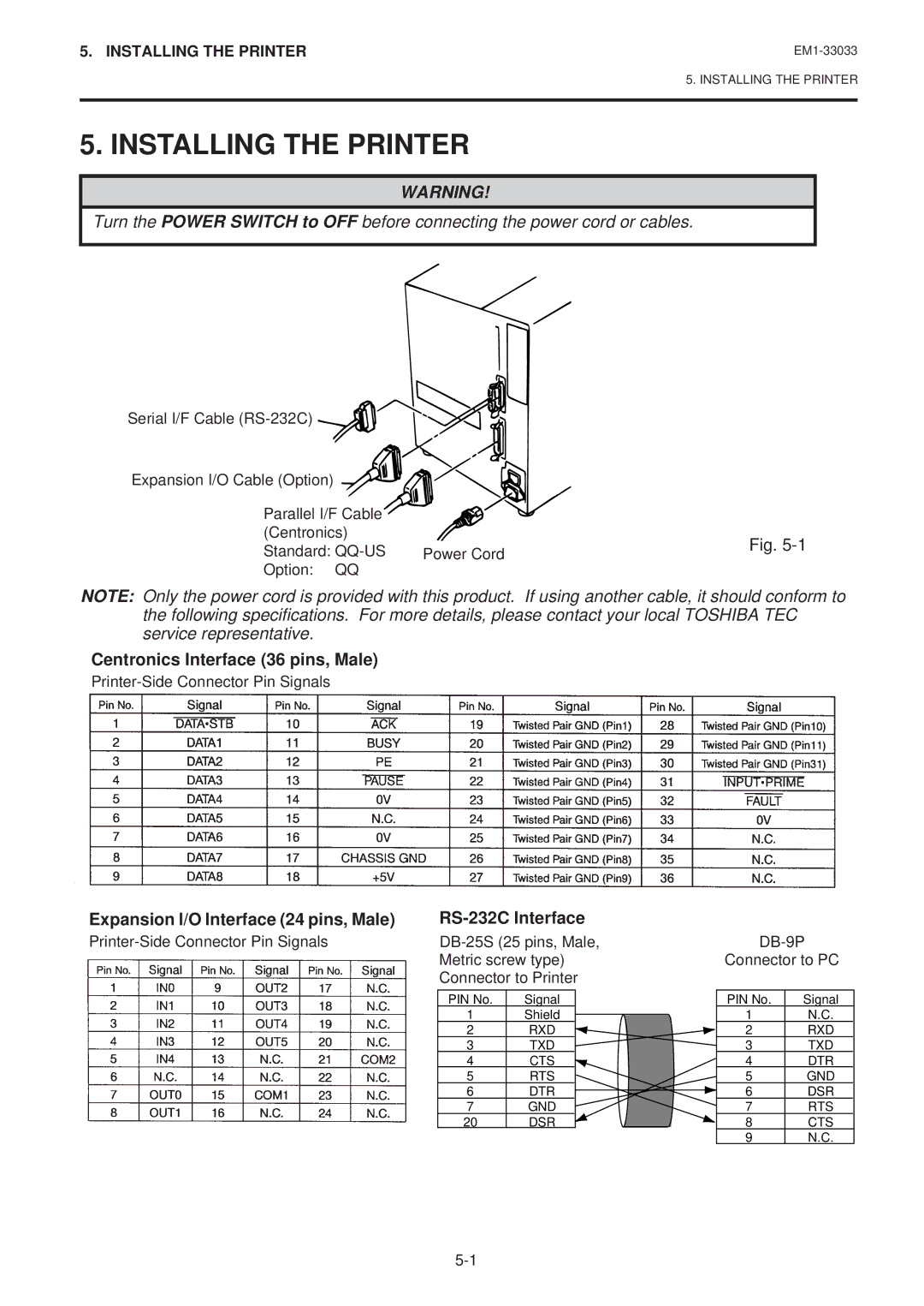 Toshiba B-470-QQ Series Installing the Printer, Centronics Interface 36 pins, Male, Expansion I/O Interface 24 pins, Male 