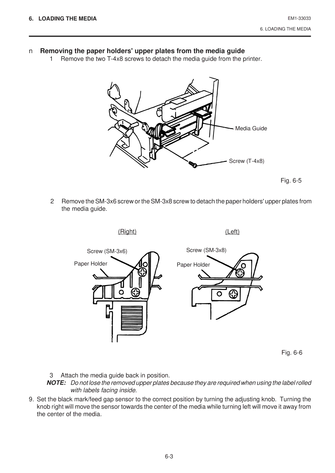 Toshiba B-470-QQ Series owner manual Removing the paper holders upper plates from the media guide 