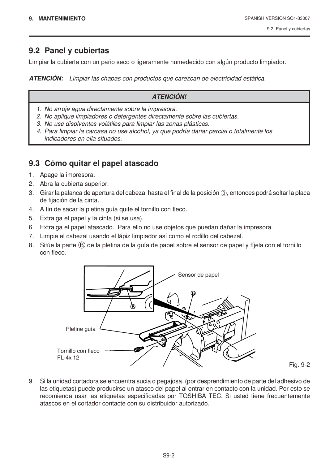 Toshiba B-480-QP SERIES owner manual Panel y cubiertas, Cómo quitar el papel atascado 