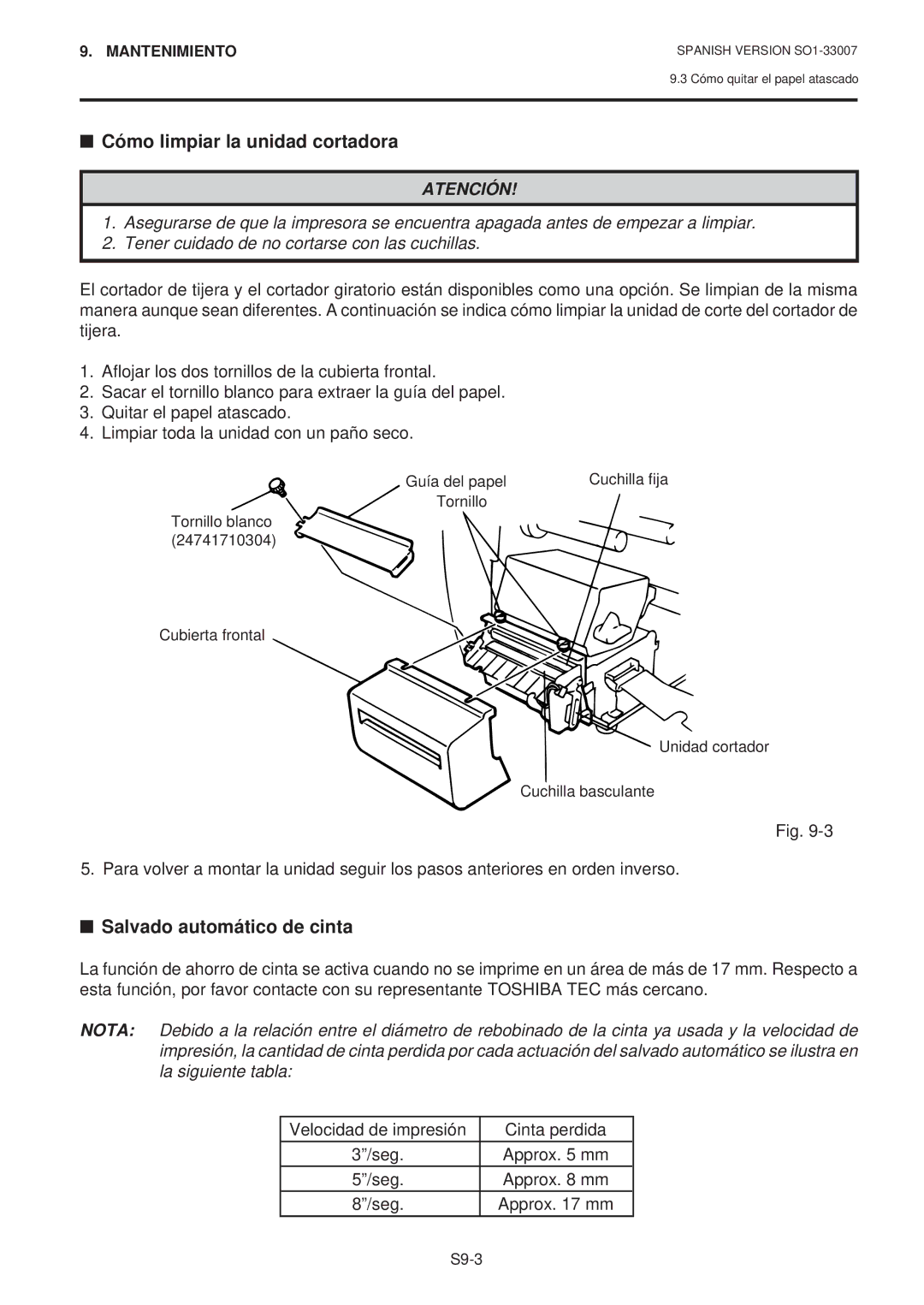 Toshiba B-480-QP SERIES owner manual Cómo limpiar la unidad cortadora, Salvado automático de cinta 