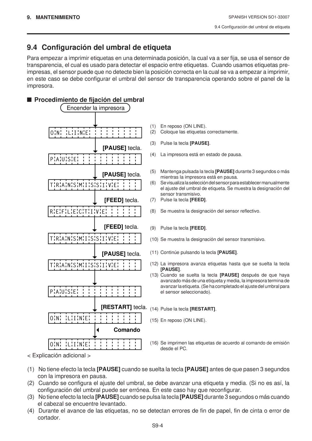 Toshiba B-480-QP SERIES owner manual Configuración del umbral de etiqueta, Procedimiento de fijación del umbral 