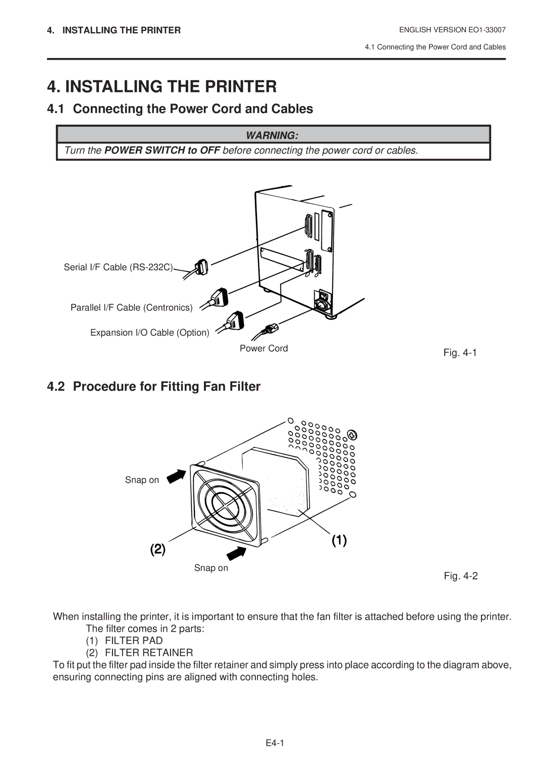 Toshiba B-480-QP SERIES Installing the Printer, Connecting the Power Cord and Cables, Procedure for Fitting Fan Filter 