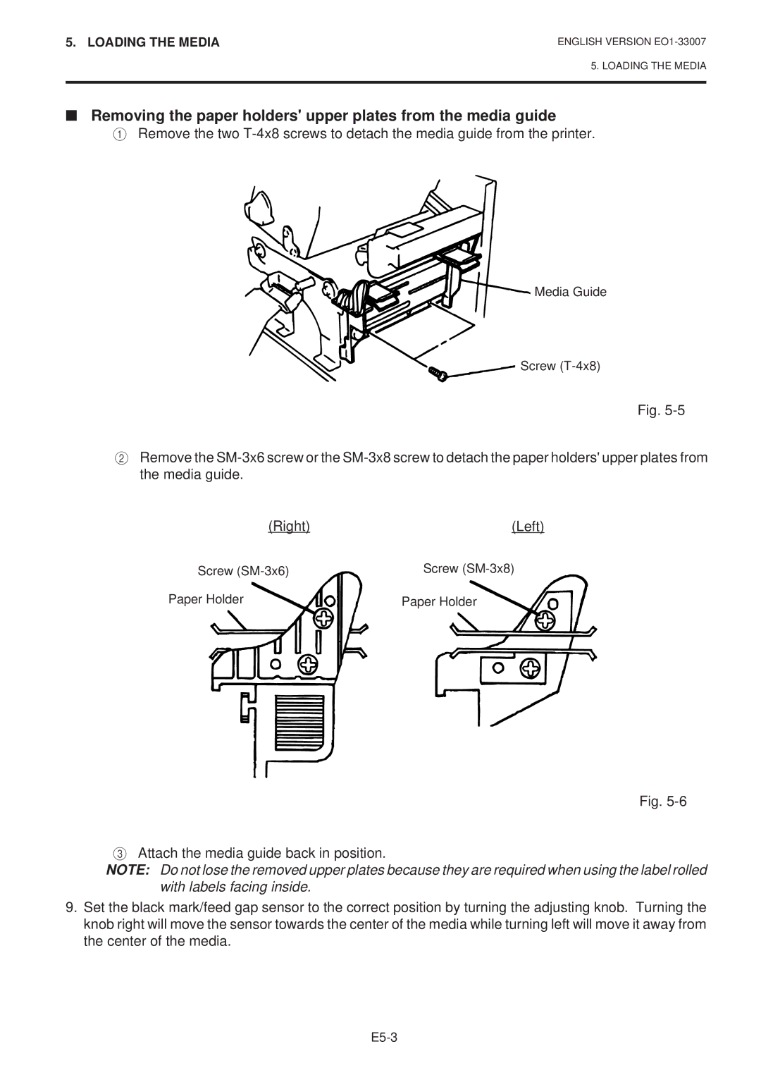 Toshiba B-480-QP SERIES owner manual Removing the paper holders upper plates from the media guide 