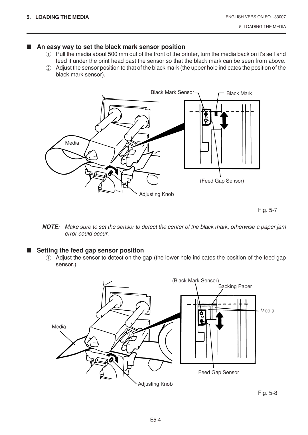 Toshiba B-480-QP SERIES An easy way to set the black mark sensor position, Setting the feed gap sensor position 