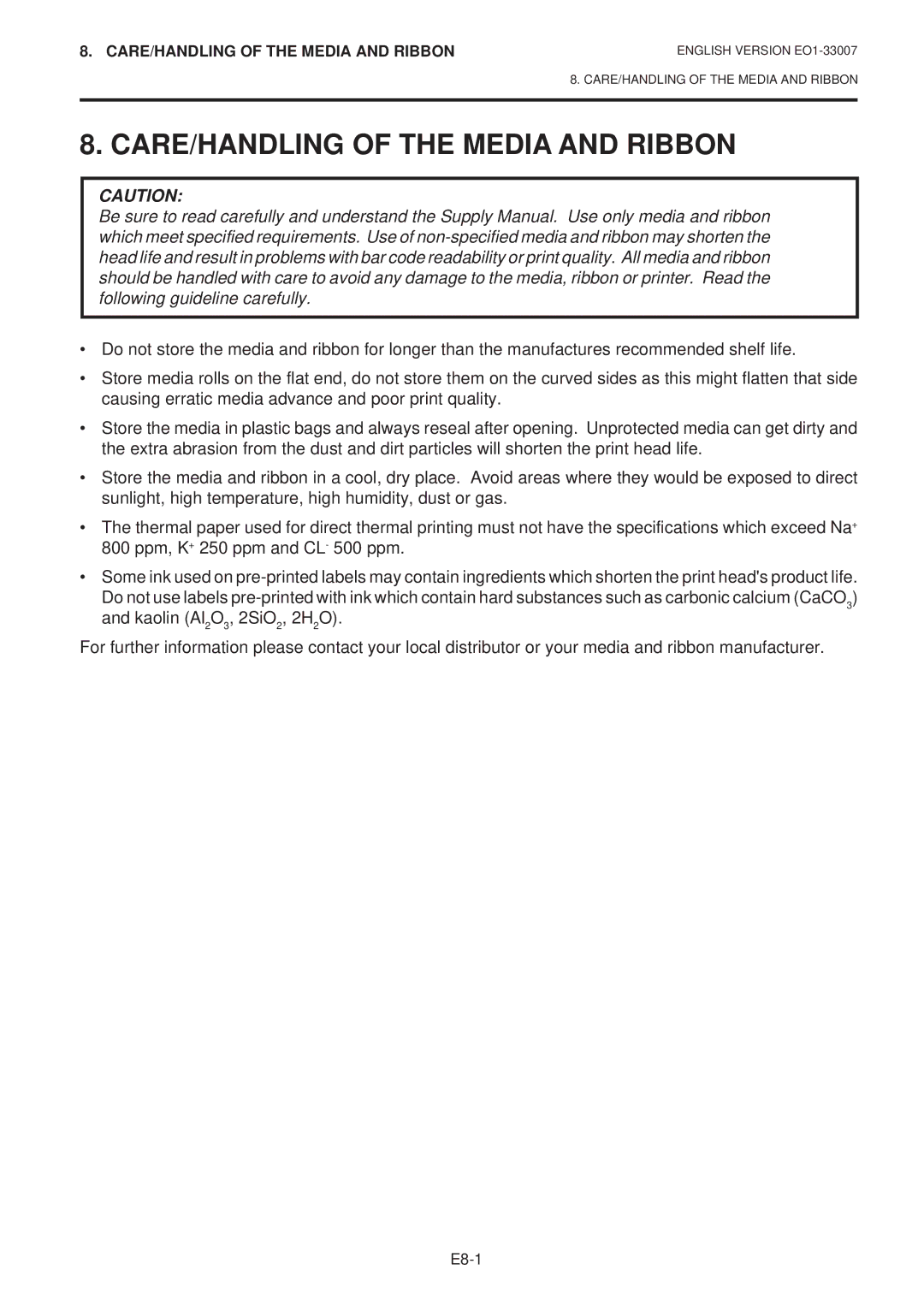 Toshiba B-480-QP SERIES owner manual CARE/HANDLING of the Media and Ribbon 